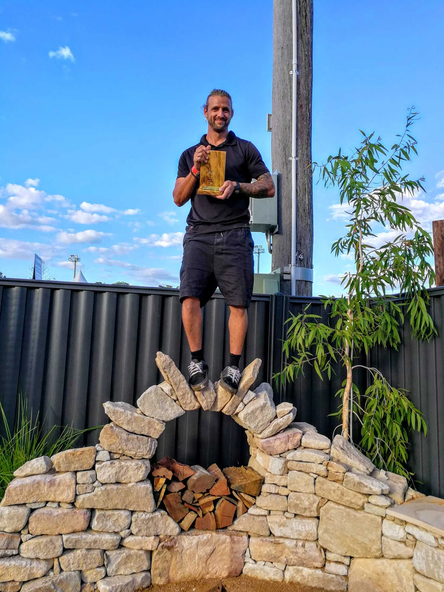 Liam showing the strength of his stonework