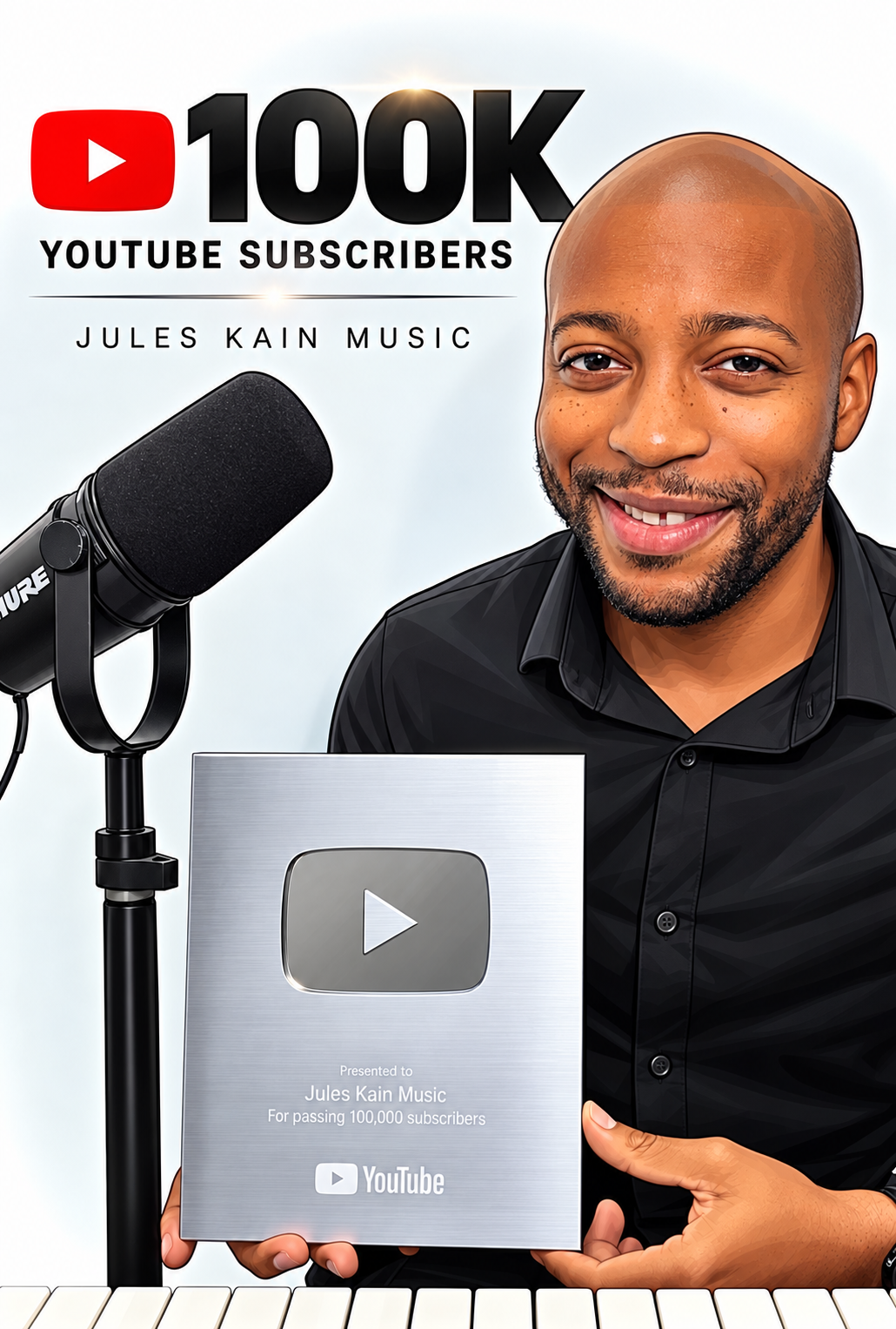 Jules Kain smiling and holding a silver YouTube plaque award in front of a microphone, with a keyboard visible at the bottom. The plaque celebrates reaching 100,000 subscribers on YouTube for Jules Kain Music.