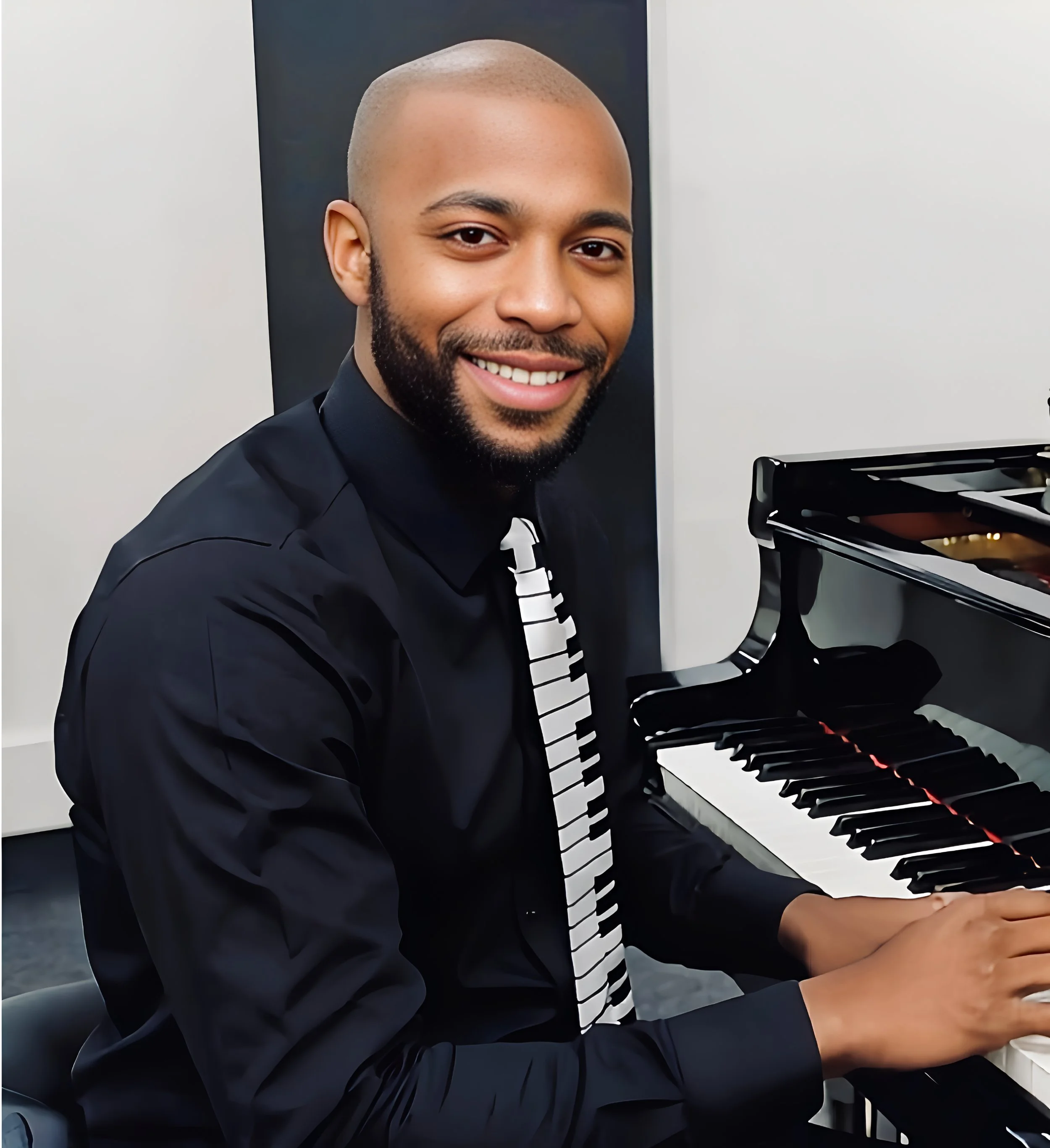 Jules Kain in a black shirt with a piano key tie, smiling while playing a grand piano in a room with light-colored walls.