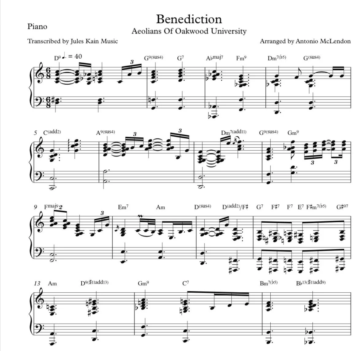 Benediction - Aeolians Of Oakwood - Sheet Music