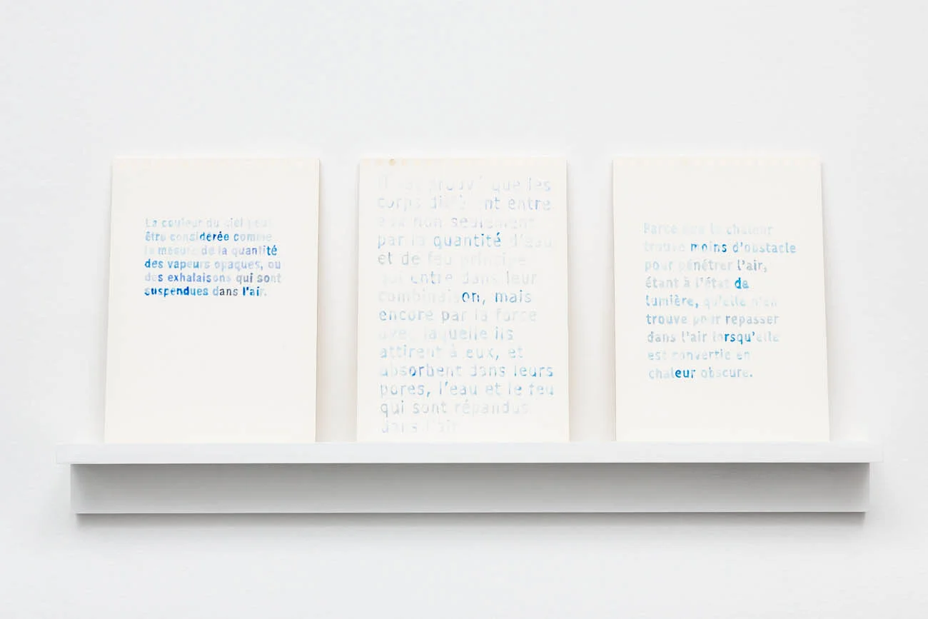 Marion Tampon-Lajarriette, "La mesure du bleu du ciel (vapeurs opaques, l'eau et le feu, chaleur obscure)", 2018