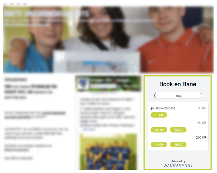 Embedded booking på foreningsside, hvor en brugertilpasset widget er integreret på forsiden af foreningens hjemmeside.