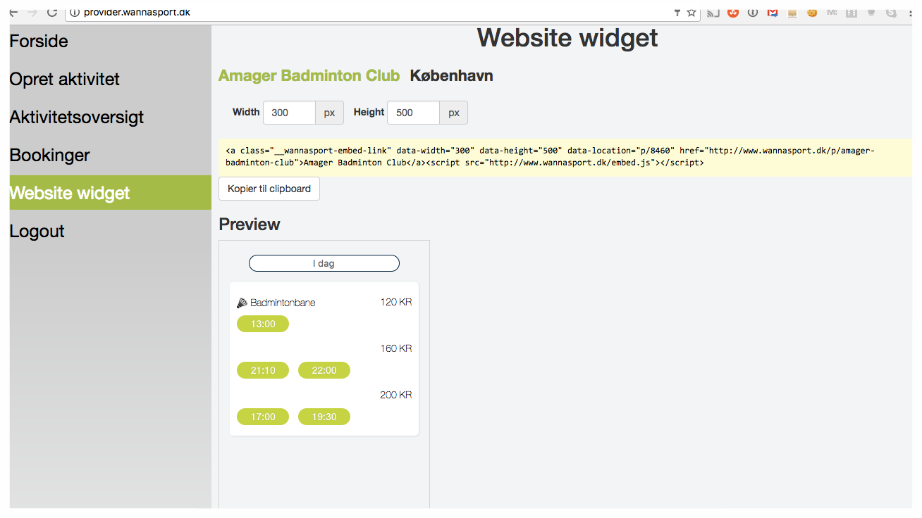 Når du skal skabe din personlige og tilpassede widget, kan du justere størrelsen, så du får det format, der passer til foreningens hjemmeside. 