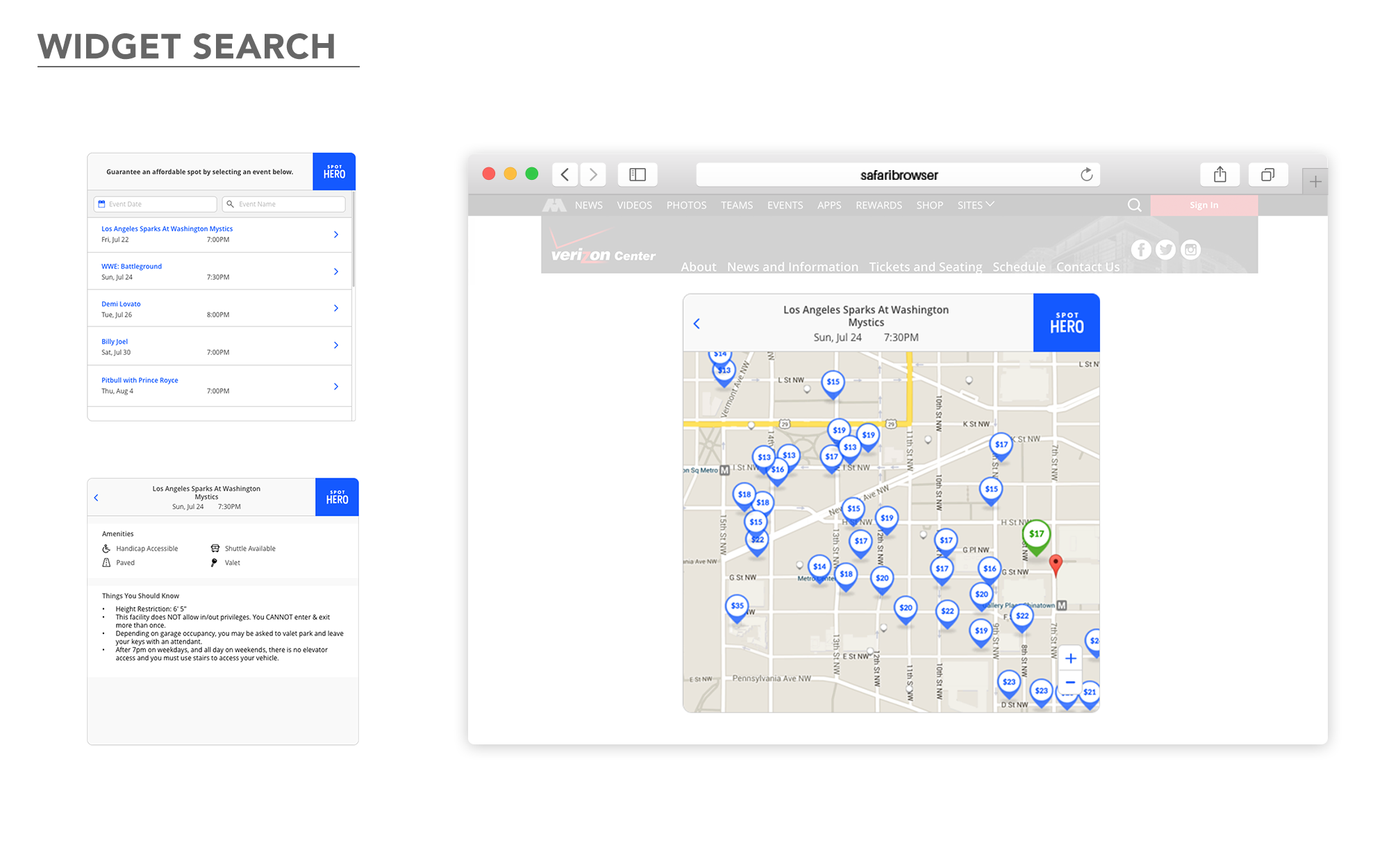 For the MVP launch, the web widget was created with events in mind. Upon load, users can search for an event name or date, allowing them to find parking around the venue. Clicking on a map marker would display parking details for a well-rounded purchase decision.