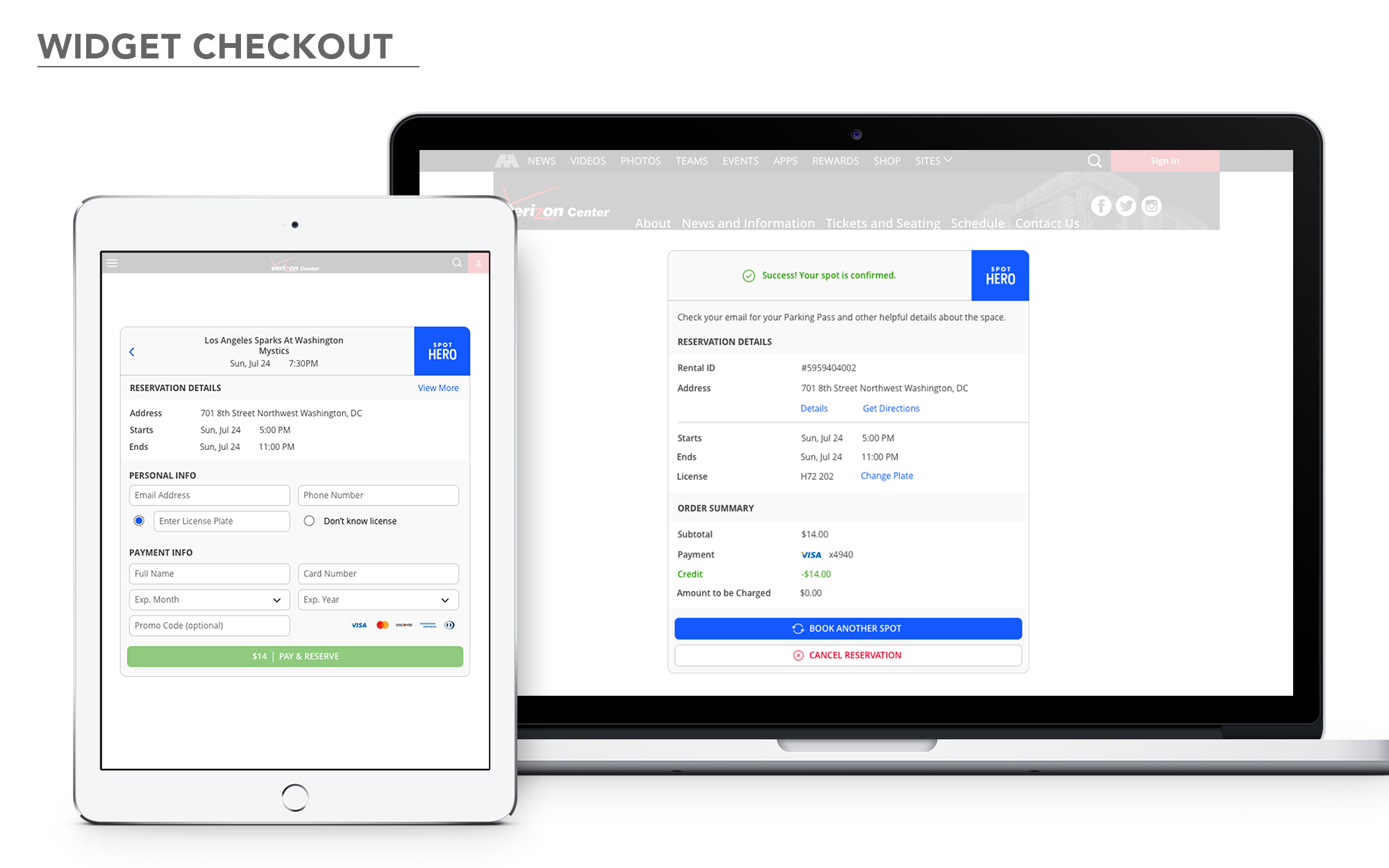 The widget guides users through the entire purchase flow without leaving the partner site. After a successful reservation, the user is prompted with a confirmation email to be later used to check in.
