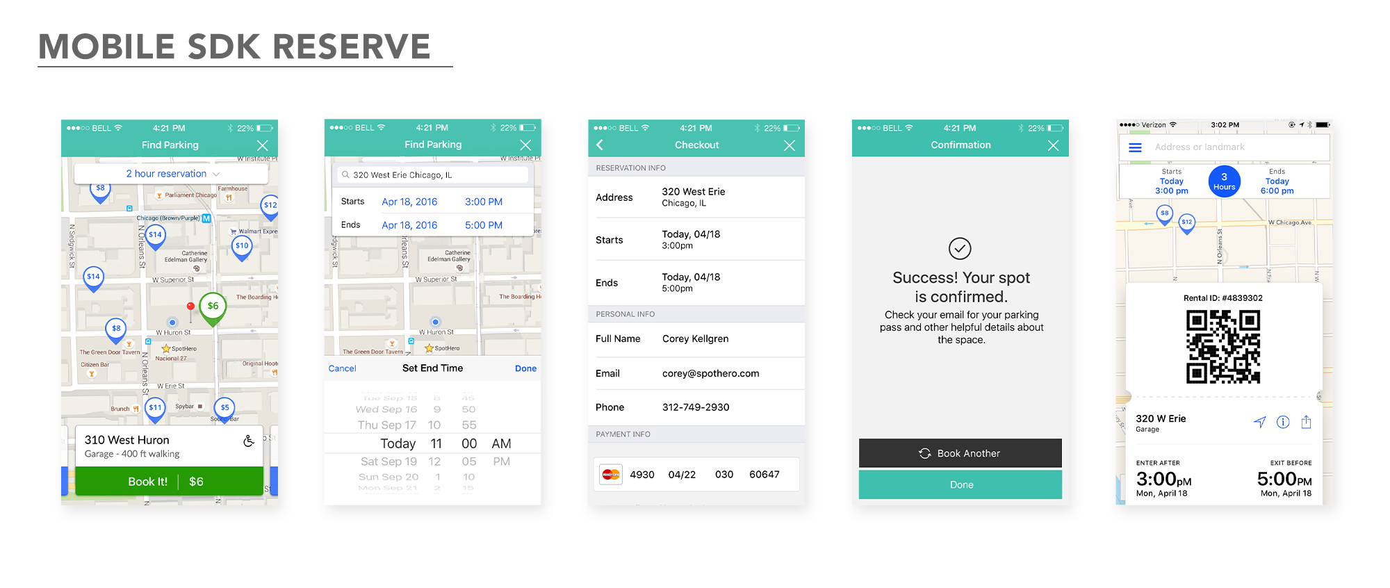 The mobile SDK flow displays an experience similar to SpotHero's own native app. The user can set a time range, search available spots and purchase without leaving the original partner app.