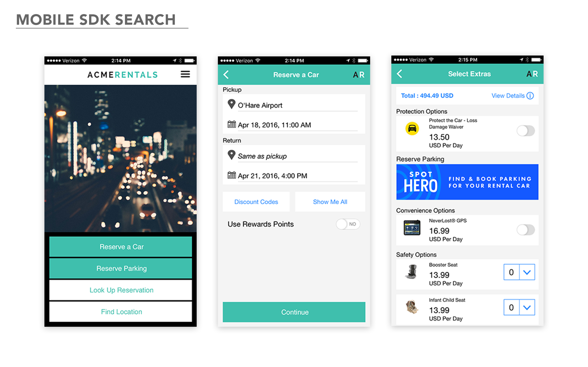 Aside from the web widget, the SDK program allowed partners to implement the API in their native mobile apps. This example shows a seamless integration within a car rental app.