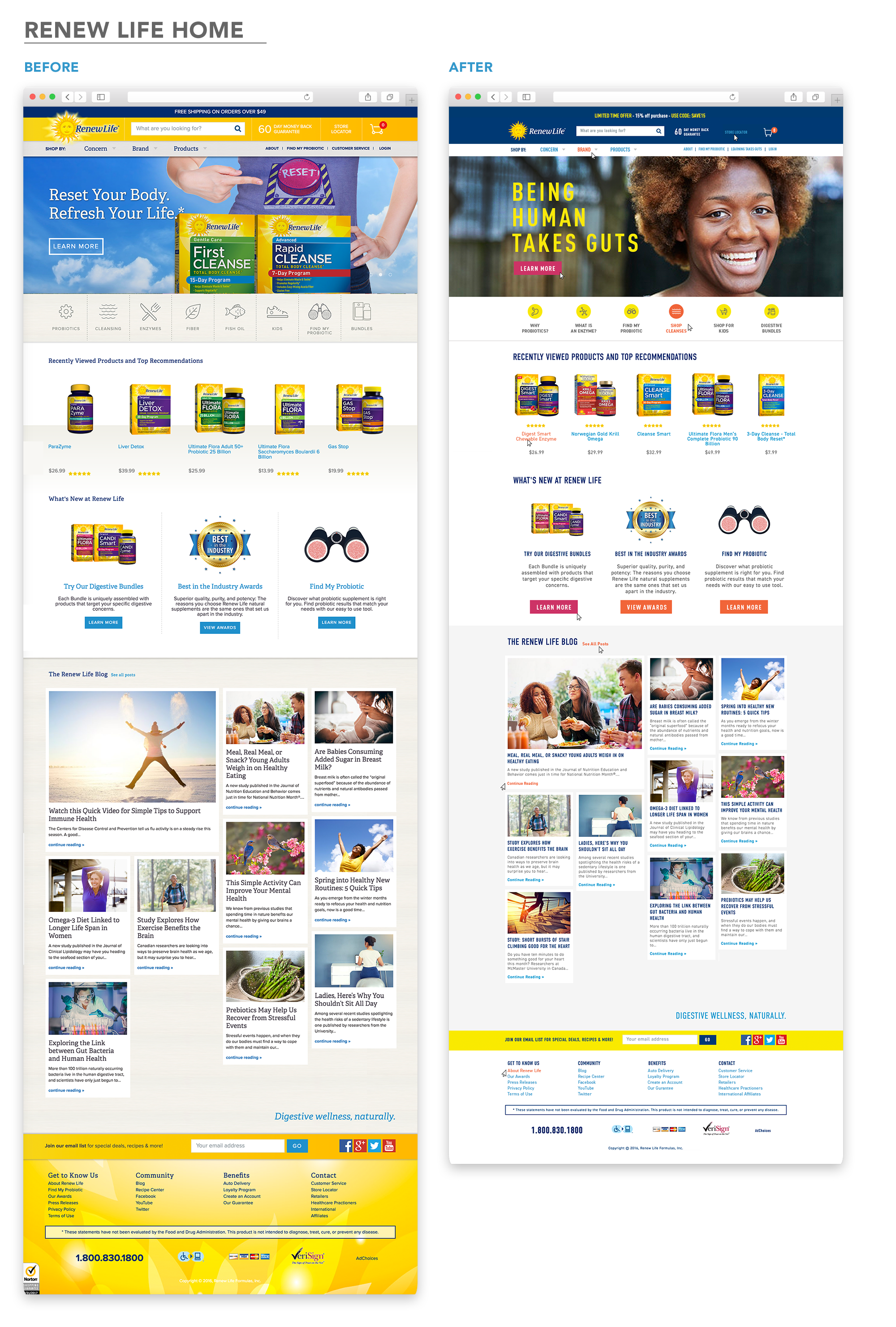 The before and after shots speak for themselves. The lifestyle imagery and cleaner typography breathe life into the page and allow the products to shine. We didn't have a lot of freedom with the Blog posts but a simple type change unified them with the rest of the site.