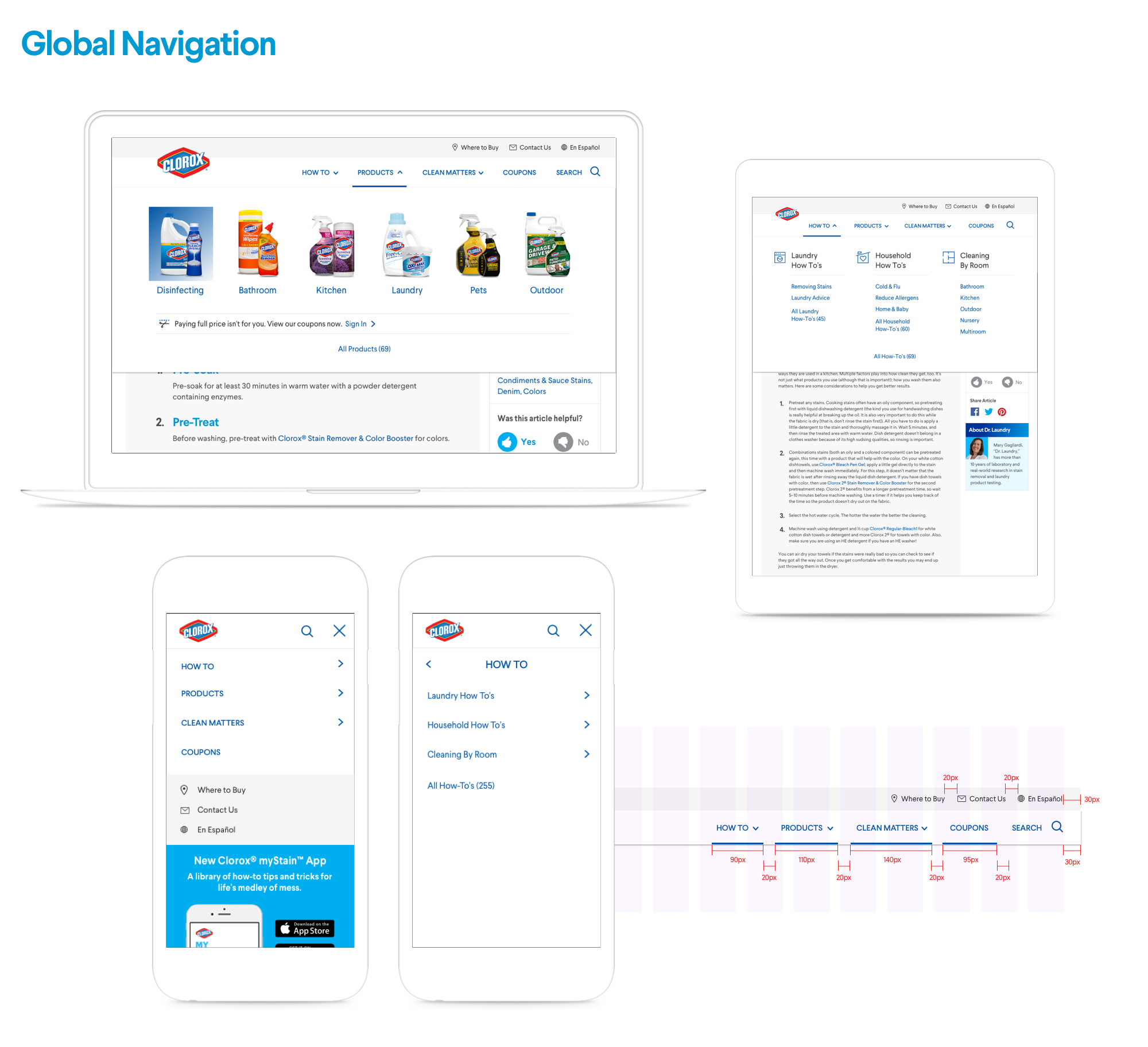 The Global Footer has also been re-worked to showcase useful links and the Clorox family brand logos. On mobile, the links are collapsed into accordian drawers to keep content contained.