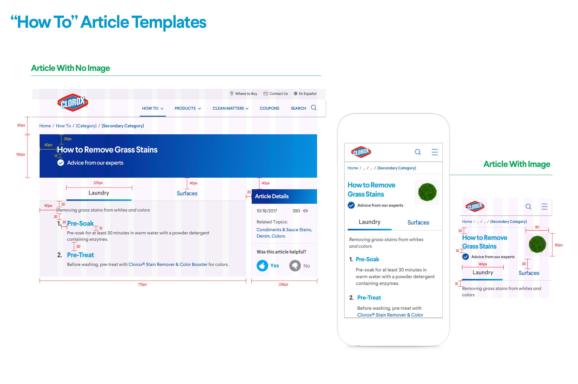 Each Article page also has a Sidebar component with dynamic data. Date, Views, Related Topic links and Social badges remain the same, while the Thumbs Up/Down section may or may not display a percentage. If the Article is written by a guest, their headshot and name will appear in the "About the Author" section.