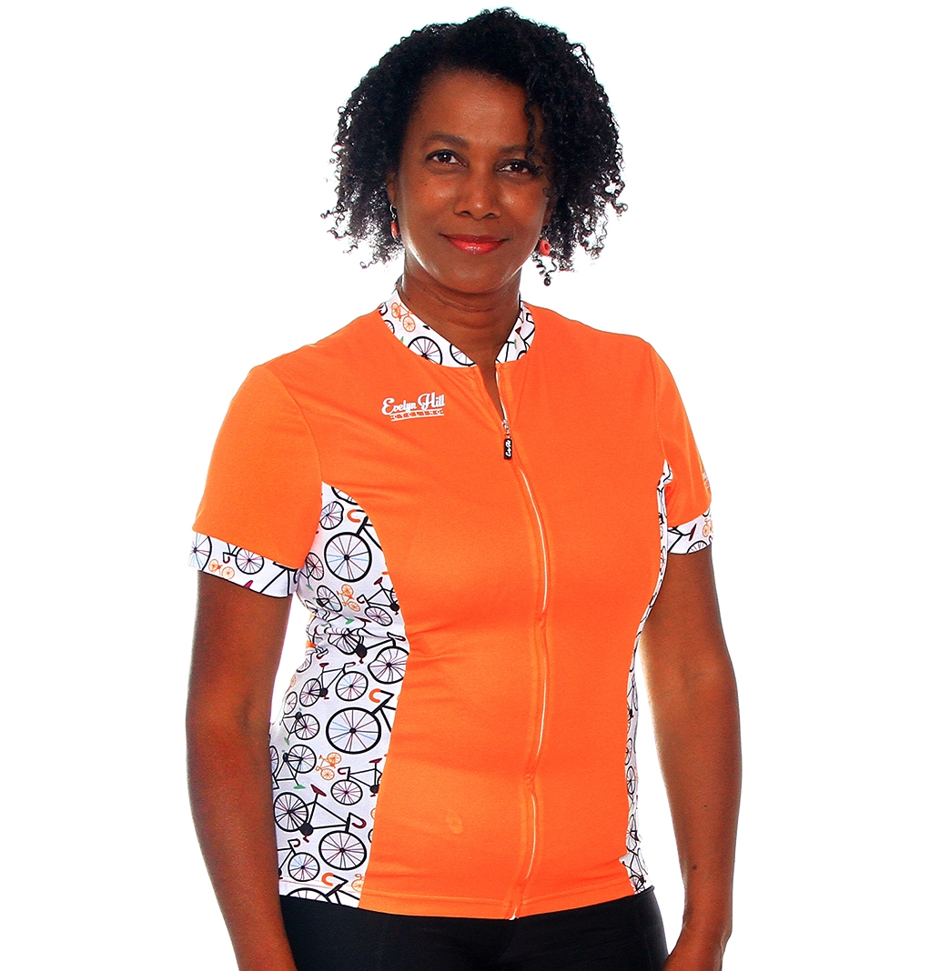 Ladies' Orange Cycling Jersey w/ Bike Pattern — Evelyn Hill Cycling