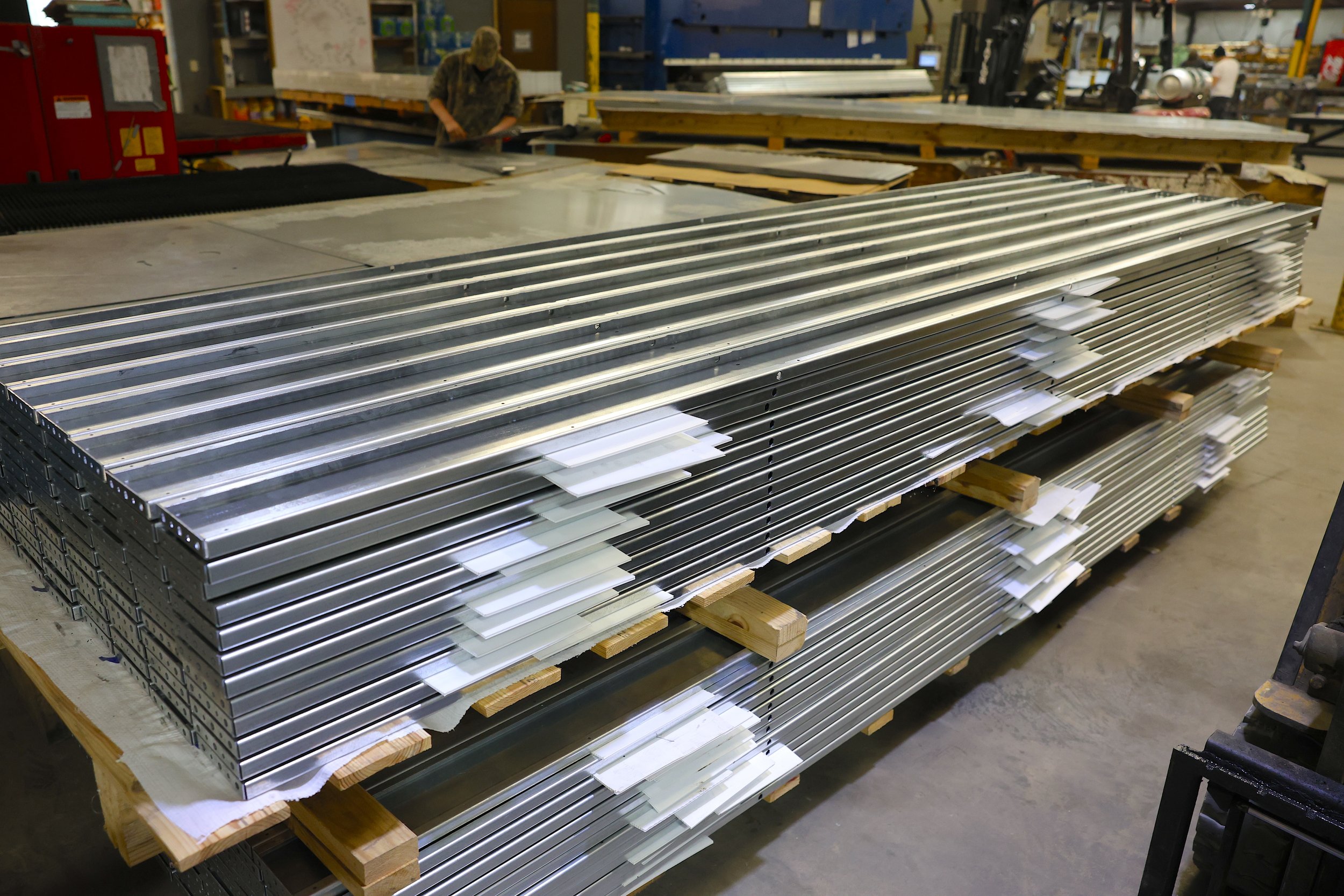 Stack of metal panels in a warehouse