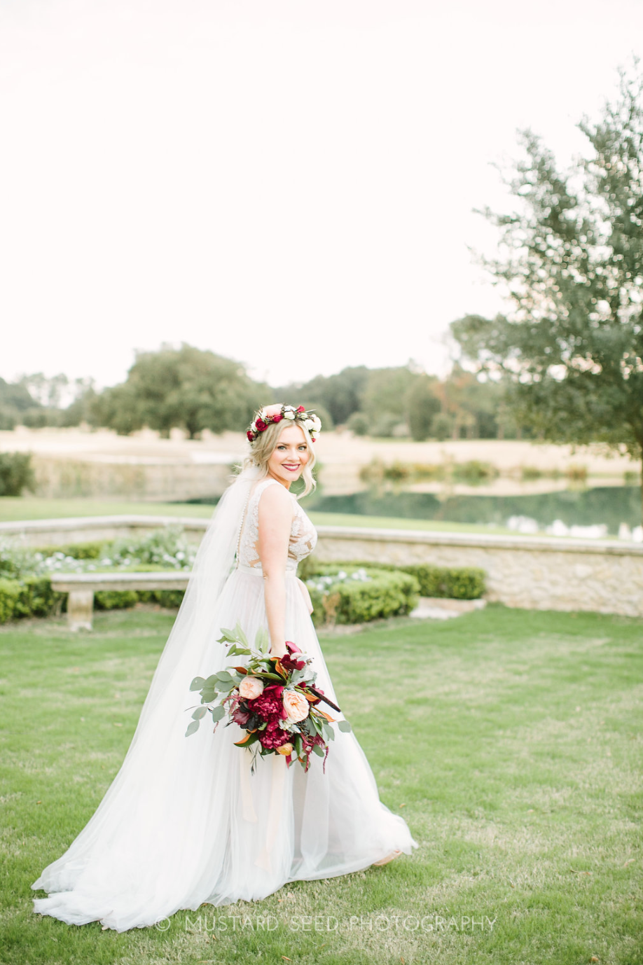 Bridal Bouquet and Floral Crown on bride at Houston Oaks Country Club