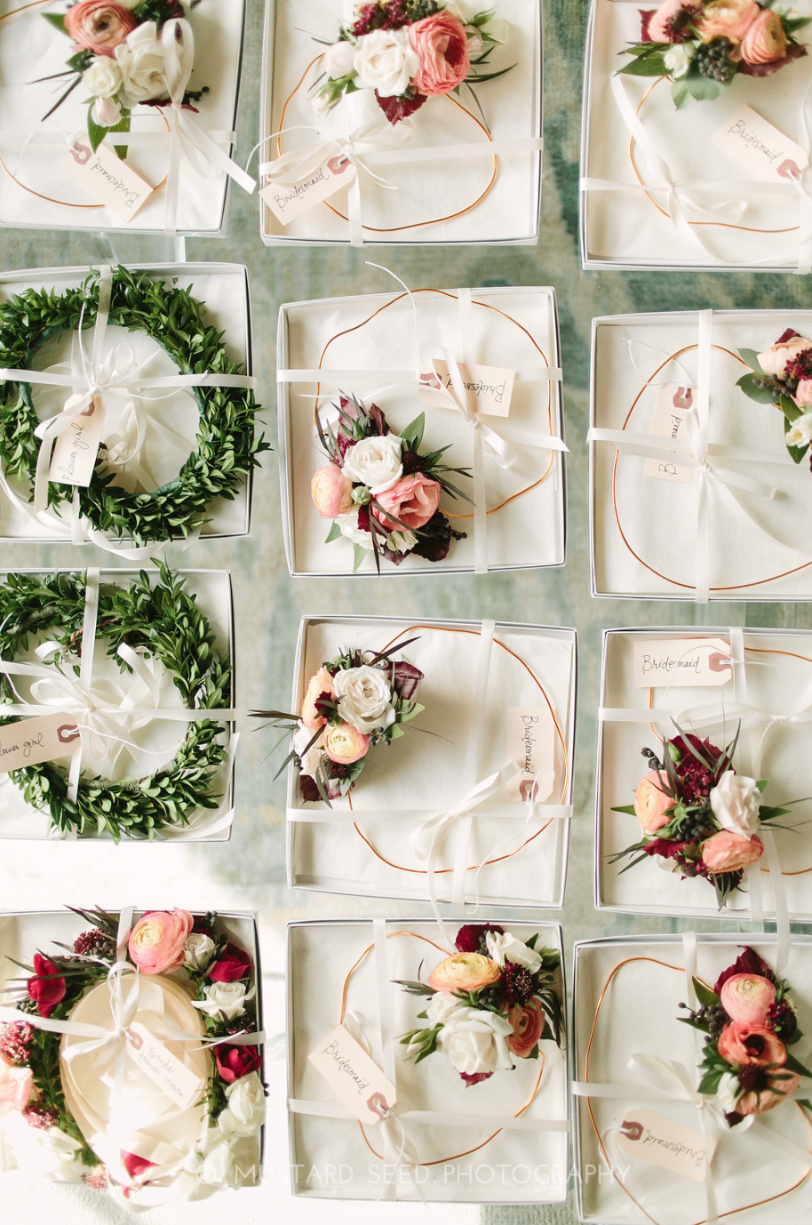 Flower crowns all in a row for the ladies of the bridal party. By maxit Flower design in Houston, TX.