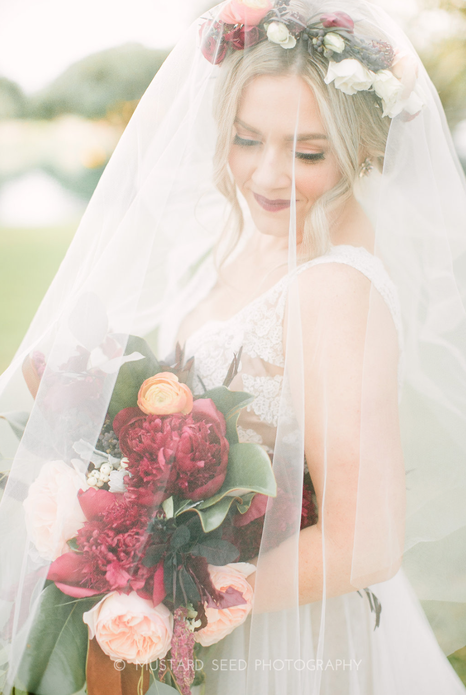Bridal Bouquet and Flower Crown by Maxit Flower Design using reds, pinks, marsala and greenery