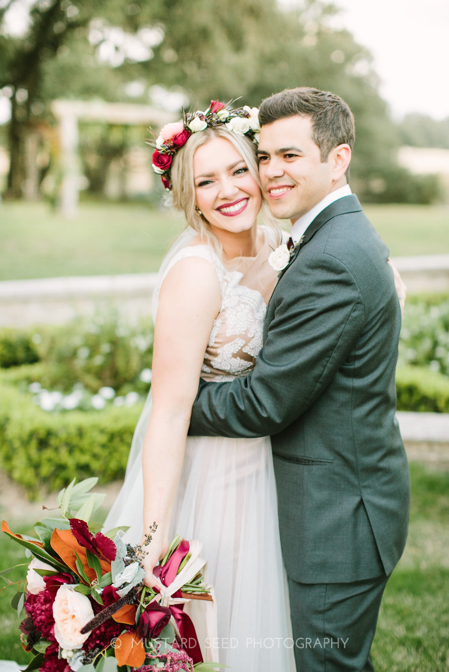 All smiles from the newlyweds. Bridal Bouquet & Flower Crown by Maxit Flower Design in Houston, TX.