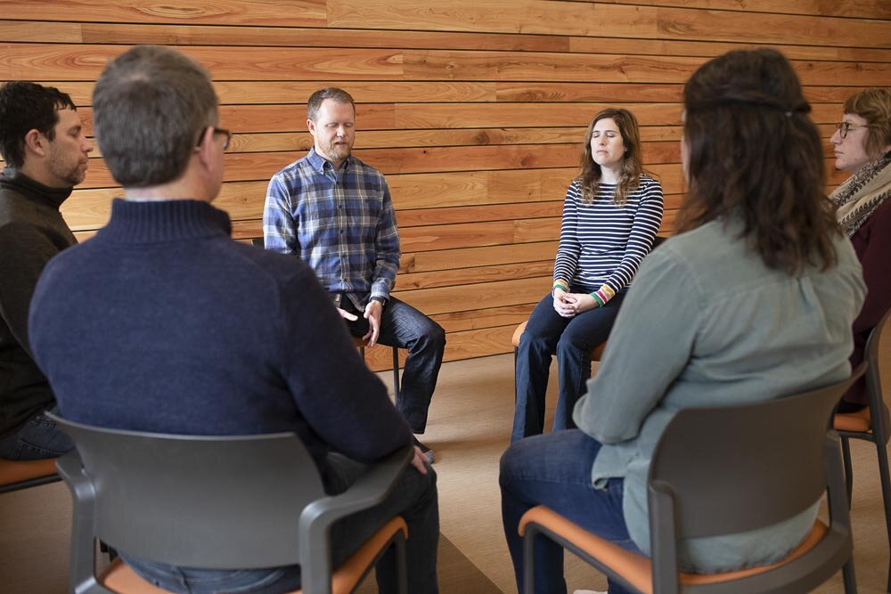 Chad McGehee training clients in mindfulness meditation techniques