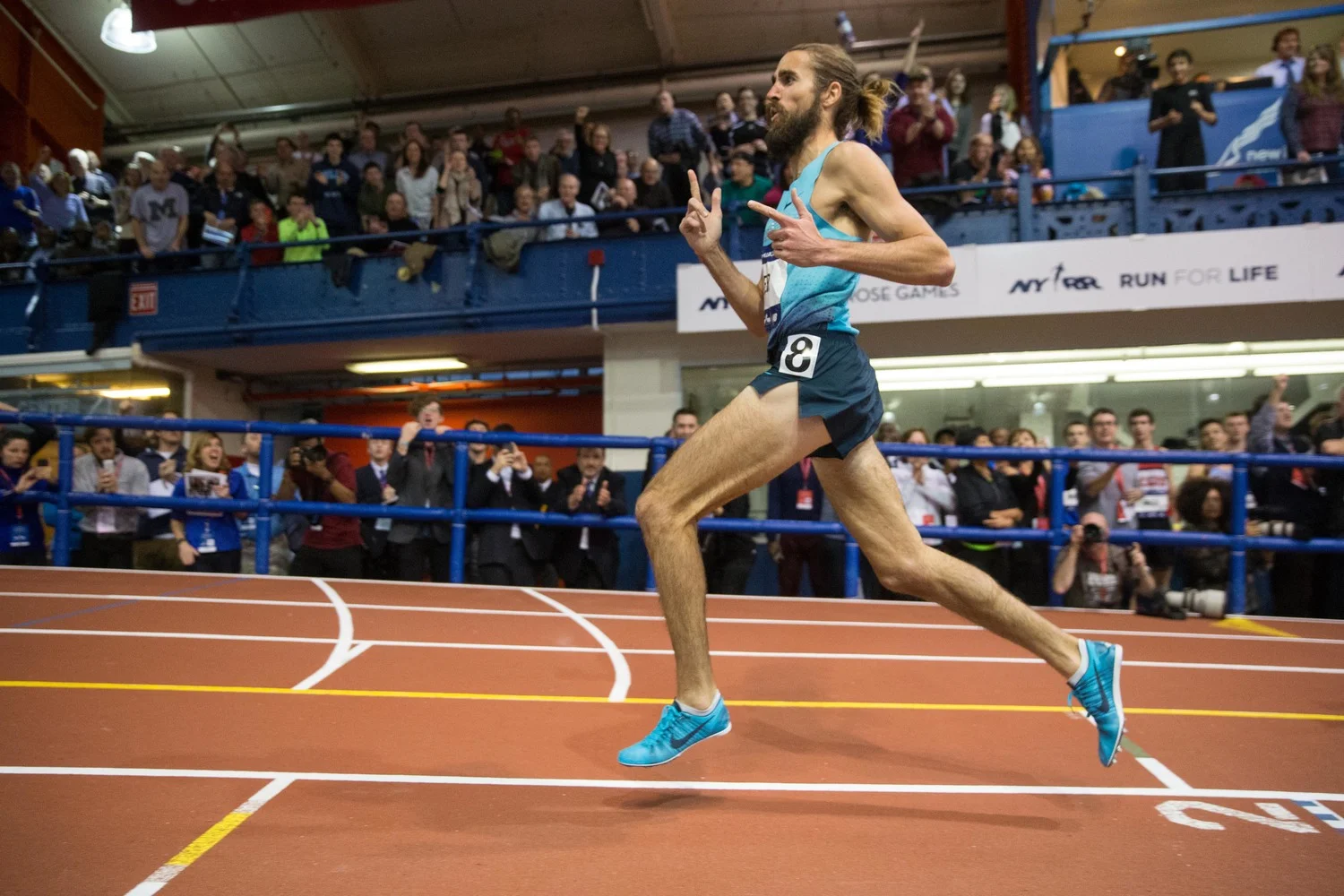 Will Leer celebrates after claiming the NYRR Wanamaker Mile win at the NYRR Millrose Games. Photo: Ross Dettman for ArmoryTrack