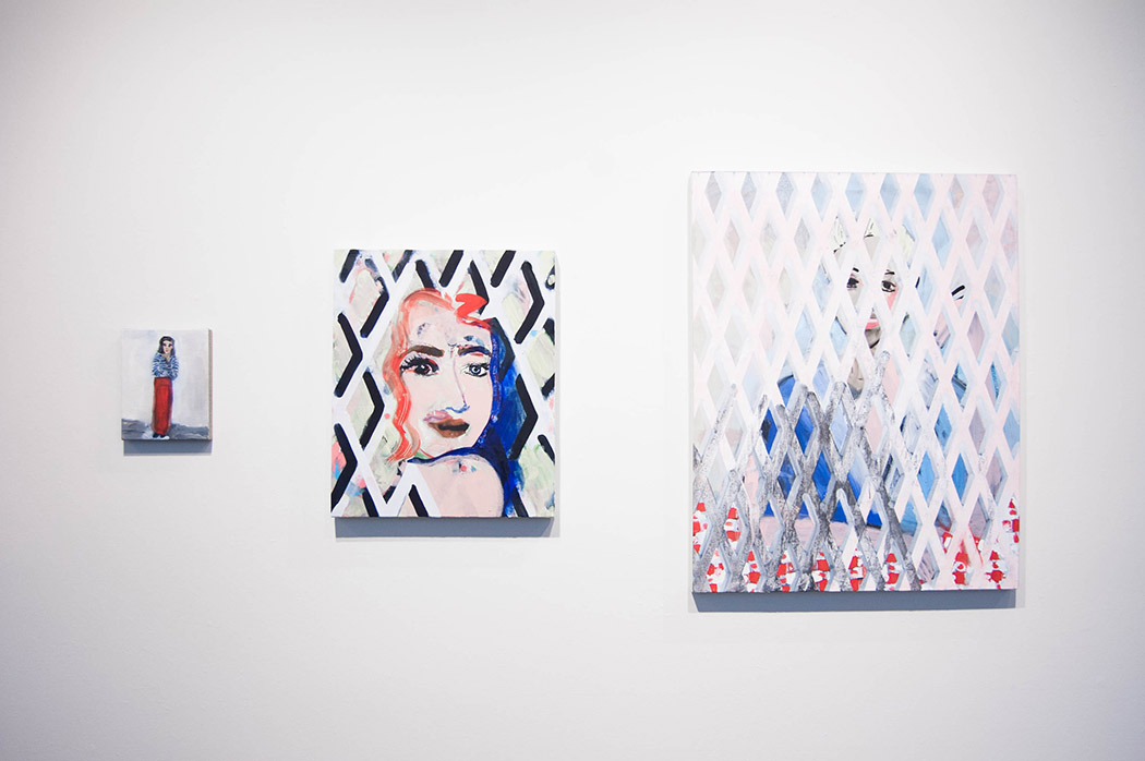 Untitled Study (Red Skirt), 2016 Oil on Linen 10 x 8 inches Red/Blue Woman with Gate, 2015 Oil on Canvas 24 x 20 inches Woman with Security Gate, 2016 Oil and Plastisol on Canvas 38 x 30 inches