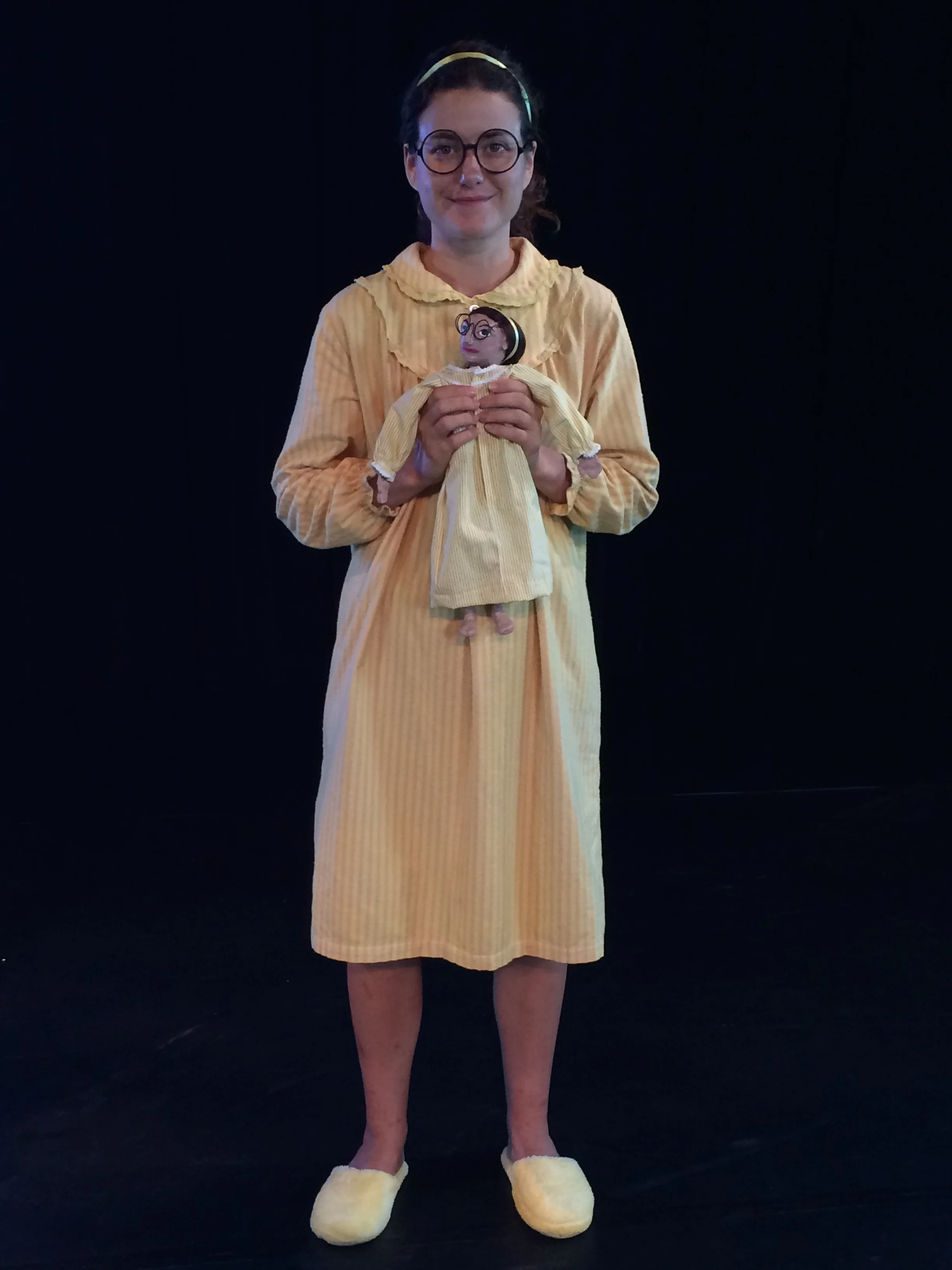 Publicity photo of Sophie puppet and actress Janna Rose Shields. Costumes for both by Kim Shire.