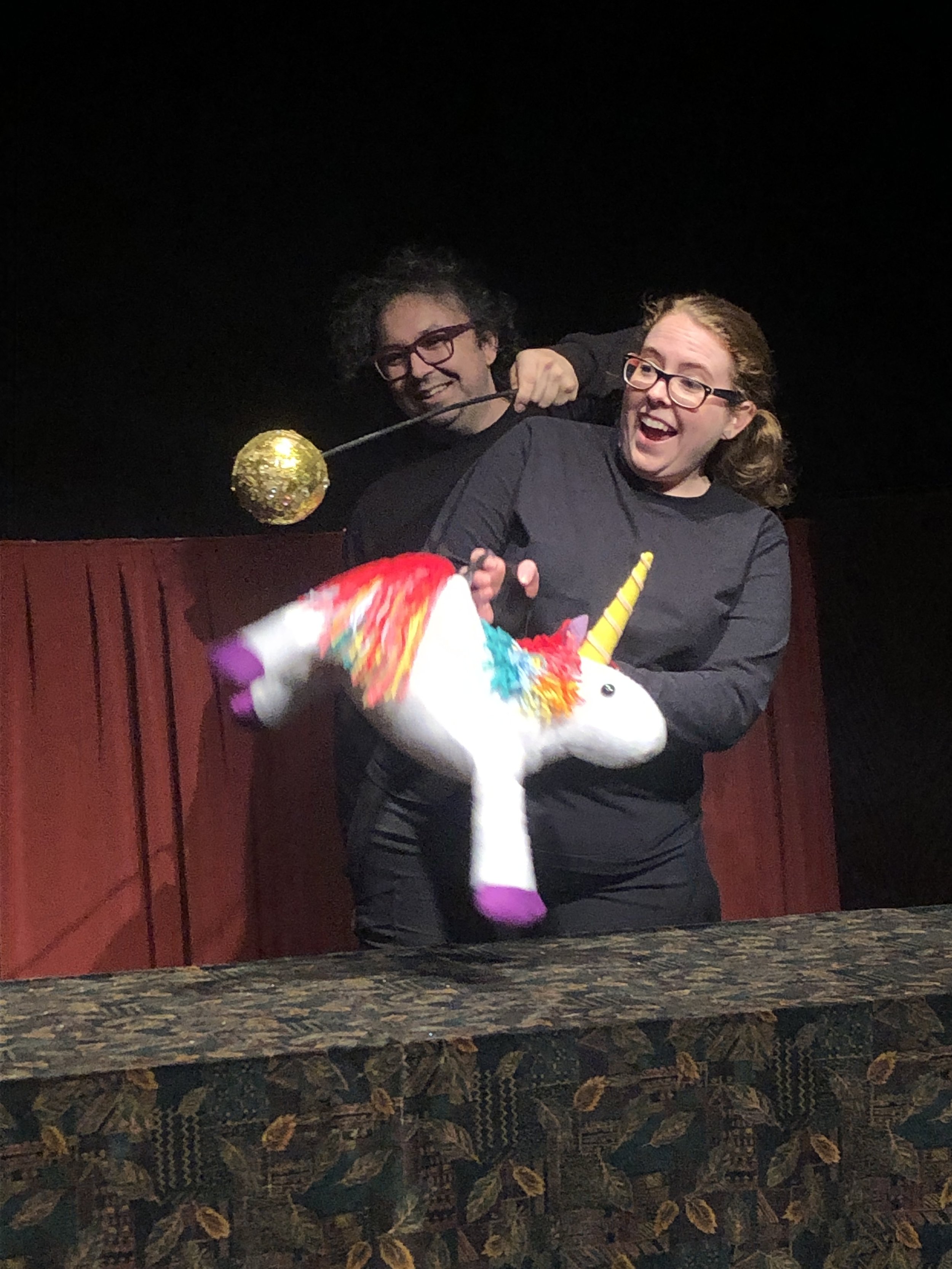 Unicorn puppet created by Aubrey for “The Magical Journey” by Addison Mielke, 5th grade. Puppeteers: Gwen Bonar and Gavin Cummins. 