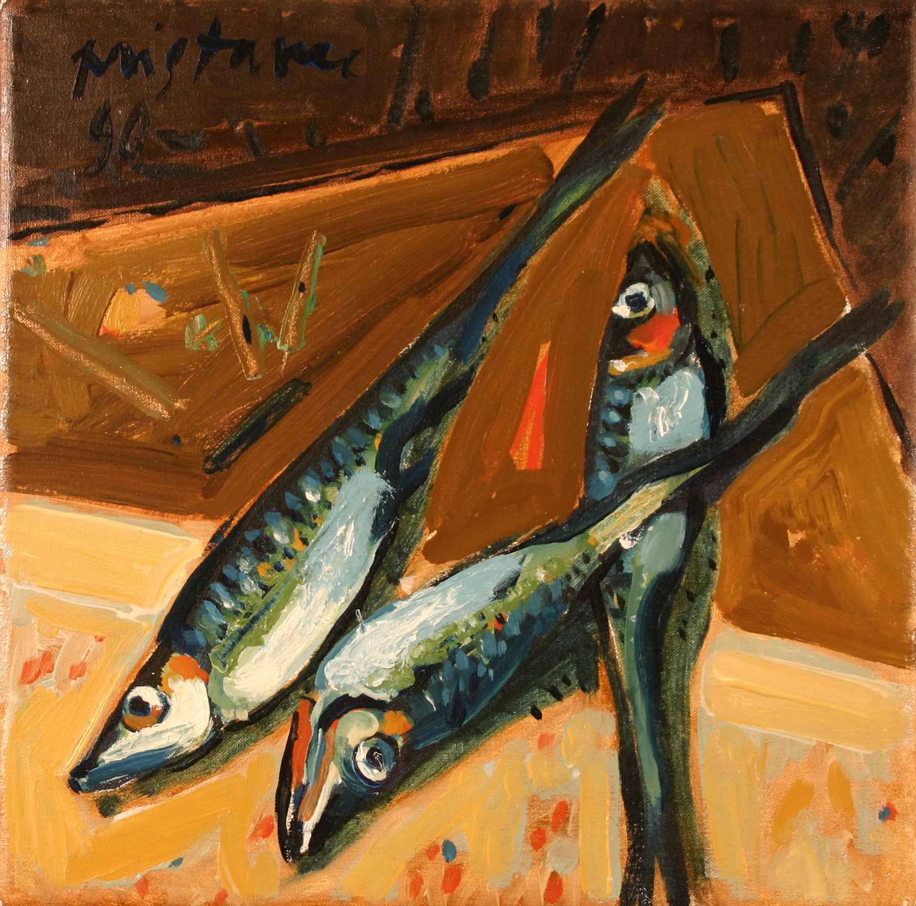 Fishes on Table / 1996 / oil on canvas / 30 x 30 cm