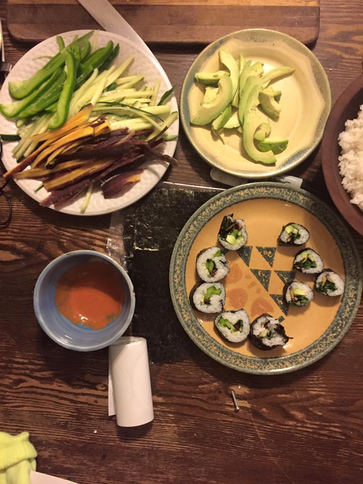 We used spears of pepper, cucumber, avocado, red carrots, kale, and sauteed shitake mushrooms. Luke made that weird red sauce because we didn't have any wasabi. It contains Mexican hot sauce and mustard powder.