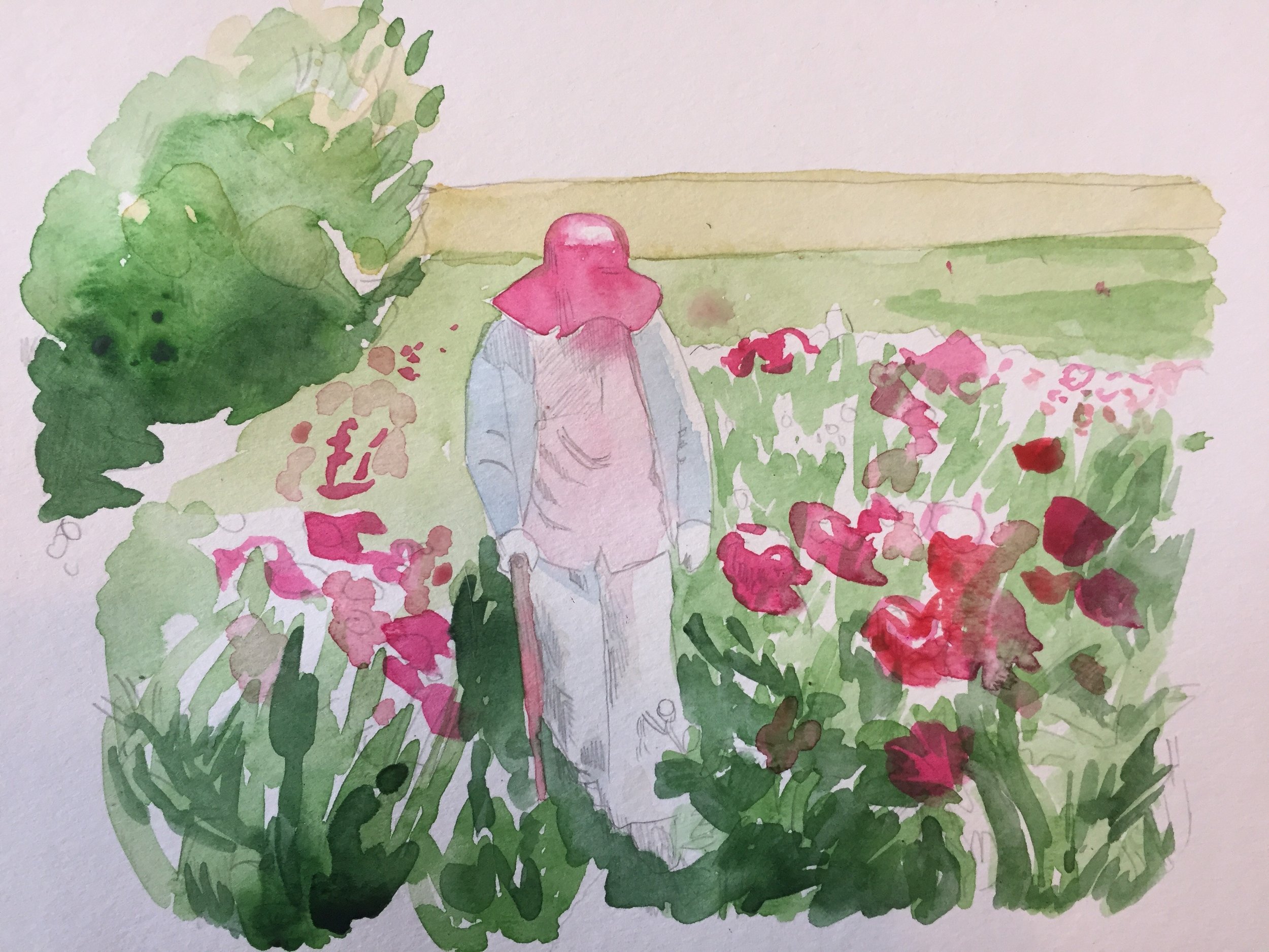 Then I went ahead and let some of the areas get a little wet. I like the bleed under her hat; I felt like I could work with that. 
