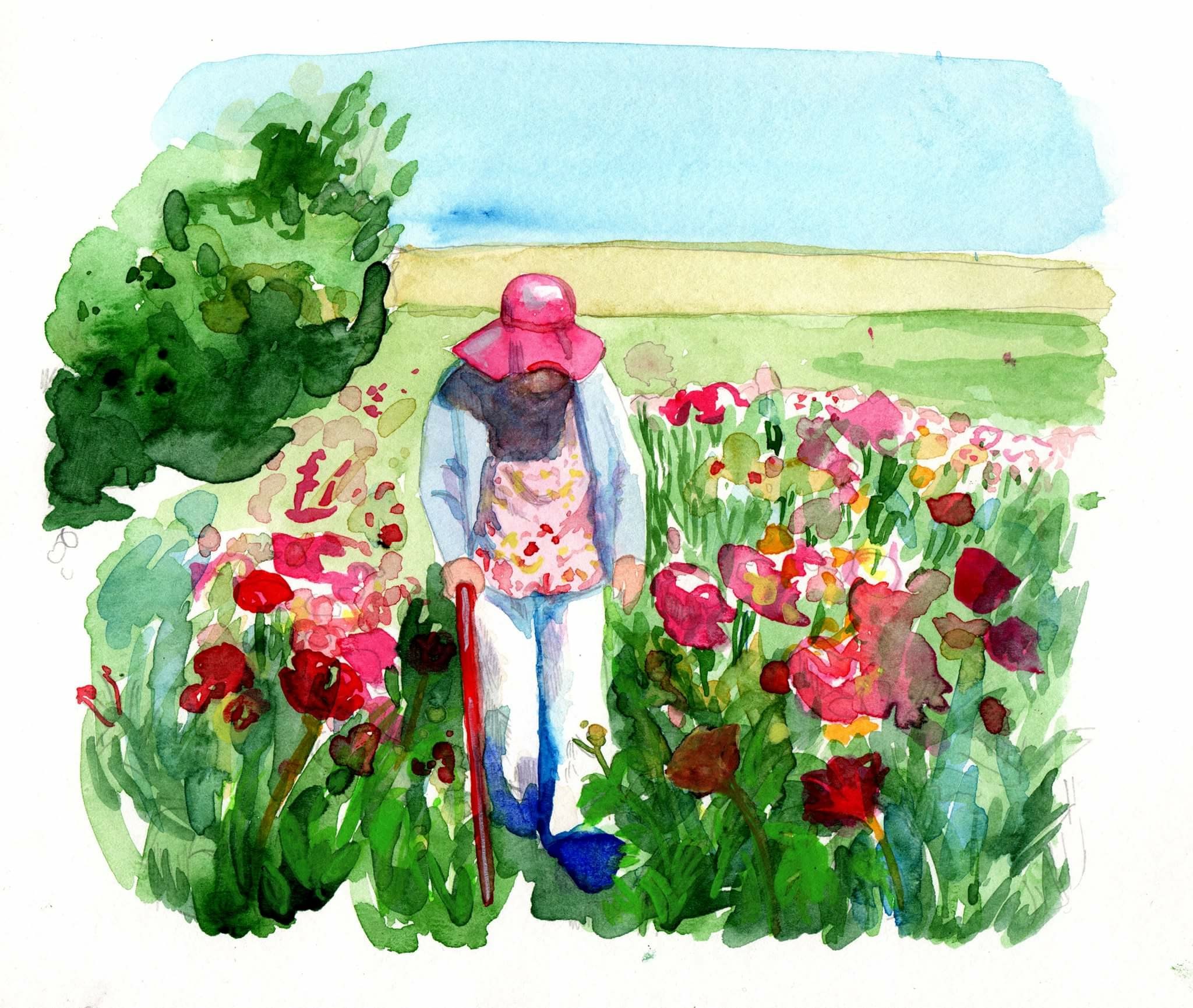 Just a few notes here: I went through the green and fleshed it out using some blue, which I think gave it nice shadows. Knowing that the woman's leg needed to come forward, I amped up the contrast there, as well as in the top of the hat. Peggy gave me some opaque watercolors to put on top of pieces; this has electric yellow and neon green (that's what I used to get the flower to come forward in front of her pants.) I finally went over the shiny parts with a Chinese white — easy to overuse, but effective in moderation. 
