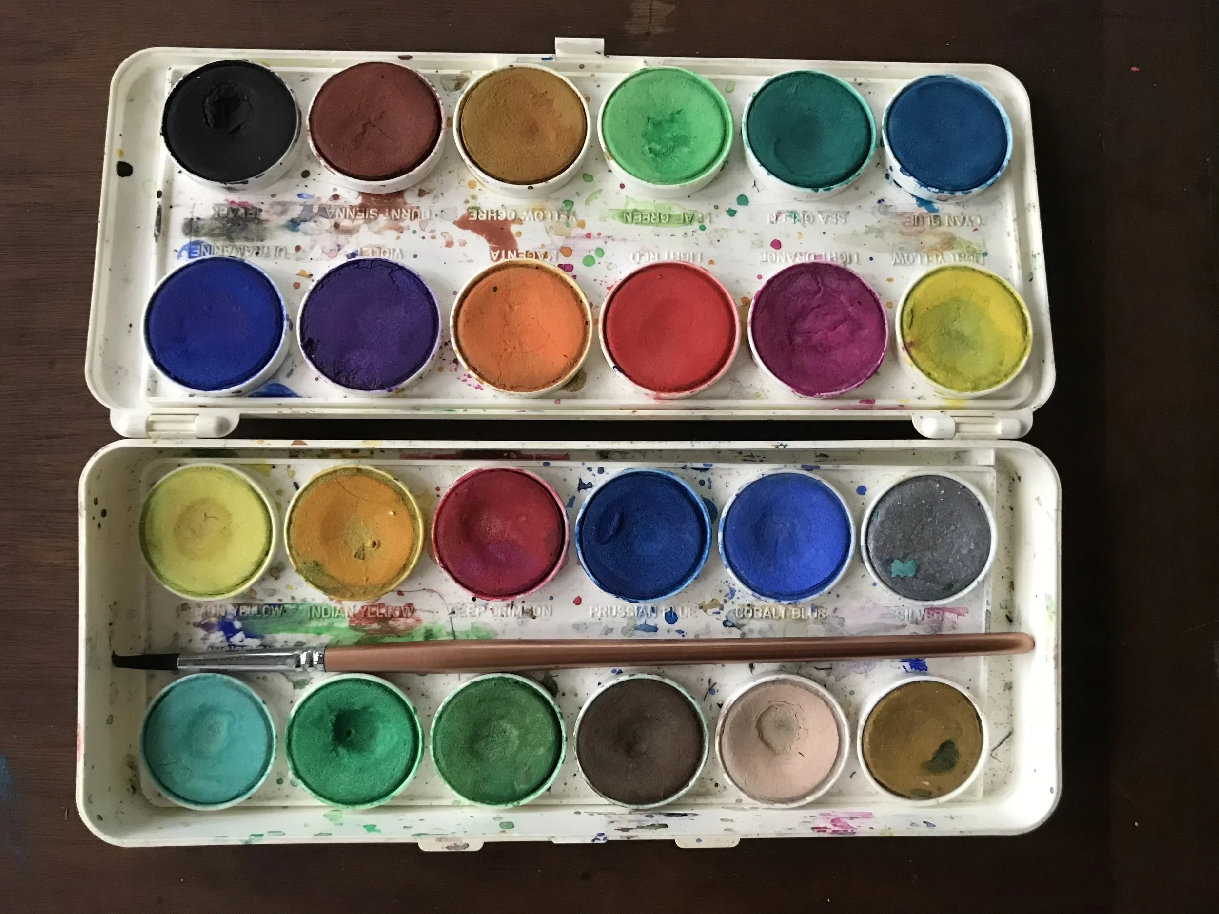 This is my dry pan, and I have two of these. My grandmother bought them for me. This is my opaque palette; the transparent one faded into the folds of the universe. I like the dry pans so much. It’s all a lot less work. But all the good painters use wet tubes. So you can be like me and have both!
