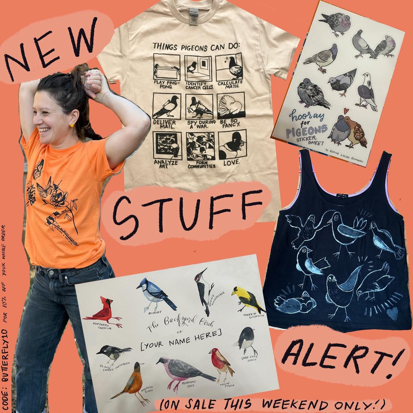 It&rsquo;s the long weekend where people historically shop! Why not do that with a (very) small business making (primarily) bird art? This weekend, take 10% off your whole order by entering BUTTERFLY10 at checkout. All these items (and more) are on m