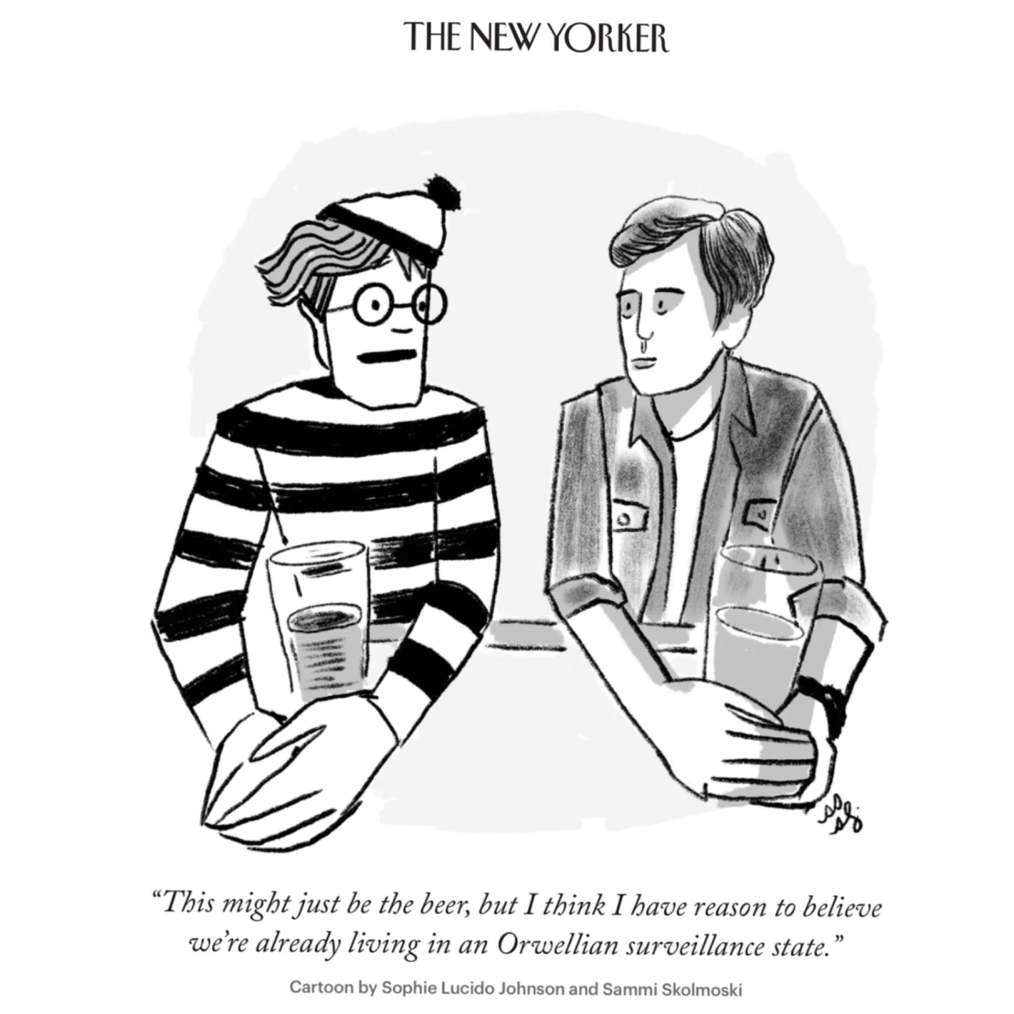 Ours is the Daily Cartoon in @newyorkermag today! Written by @sophielucidojohnson and @skullmoski, with more at @sophieandsammi. Thanks to @emmaewallen and @craezy for taking this, and to Waldo for coming out for drinks that time.