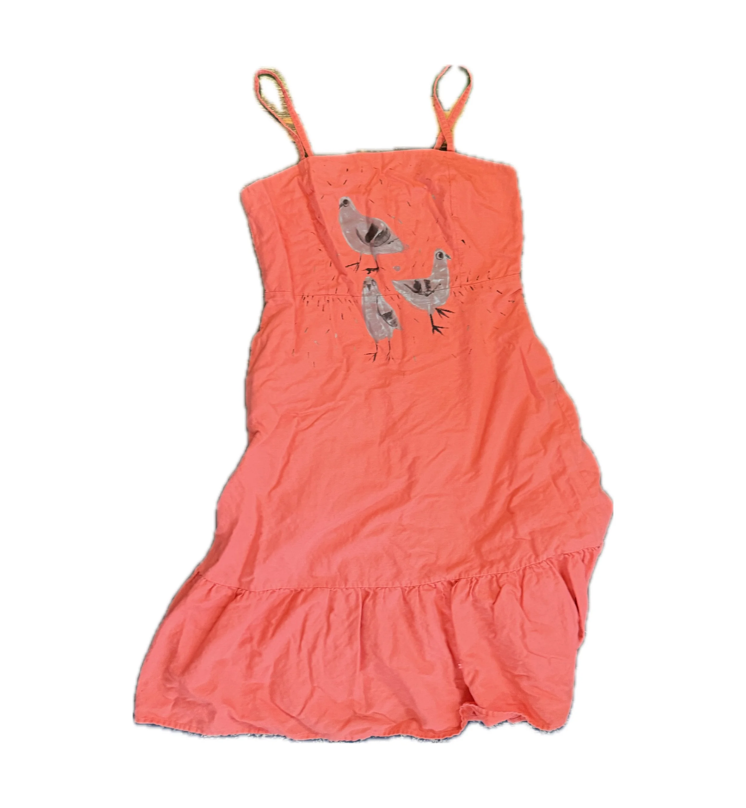 THREE PIGEONS IN PINK ON A DRESS