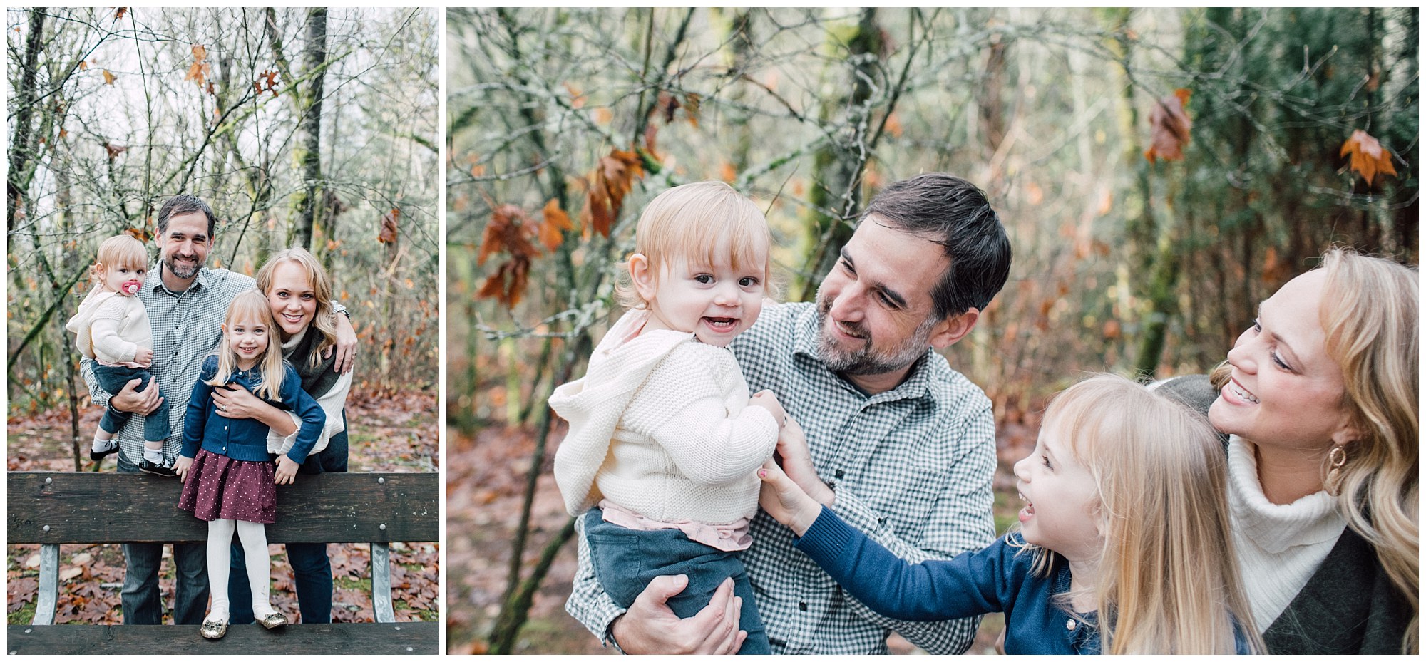 the Happy Film Company - St. Edwards Park - Seattle Family Photography - family standing on bench in forest autumn leaves