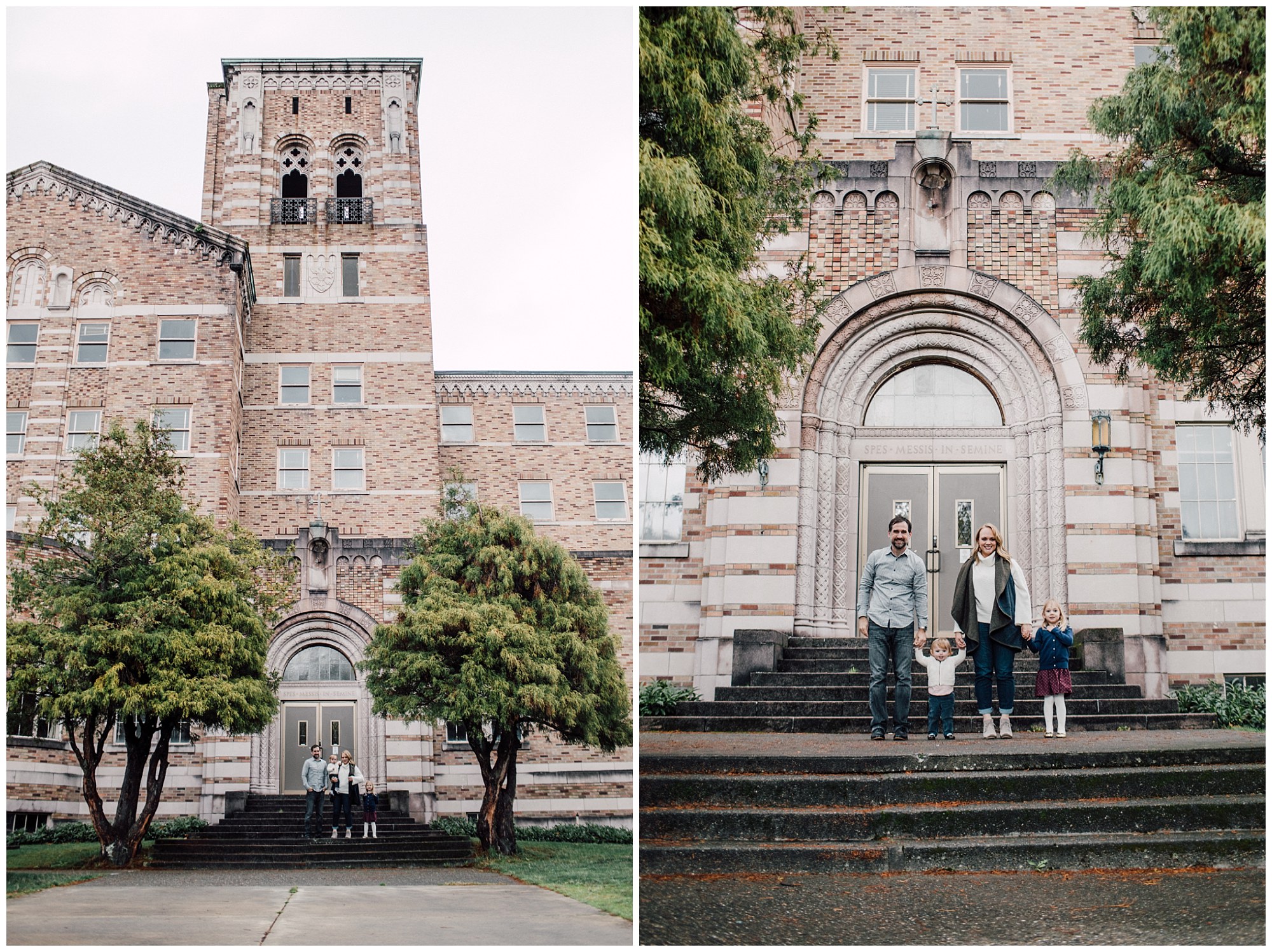 the Happy Film Company - St. Edwards Park - Seattle Family Photography - family portrait on steps outside brick building holding hands in a line