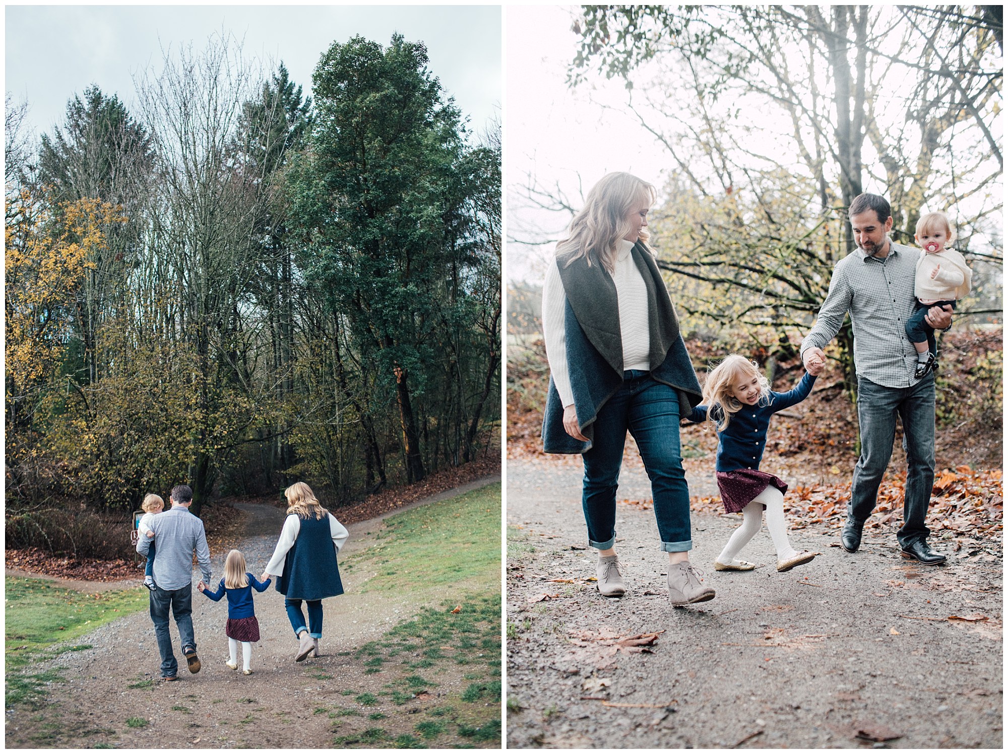 the Happy Film Company - St. Edwards Park - Seattle Family Photography - family walking with kids in forest holding hands