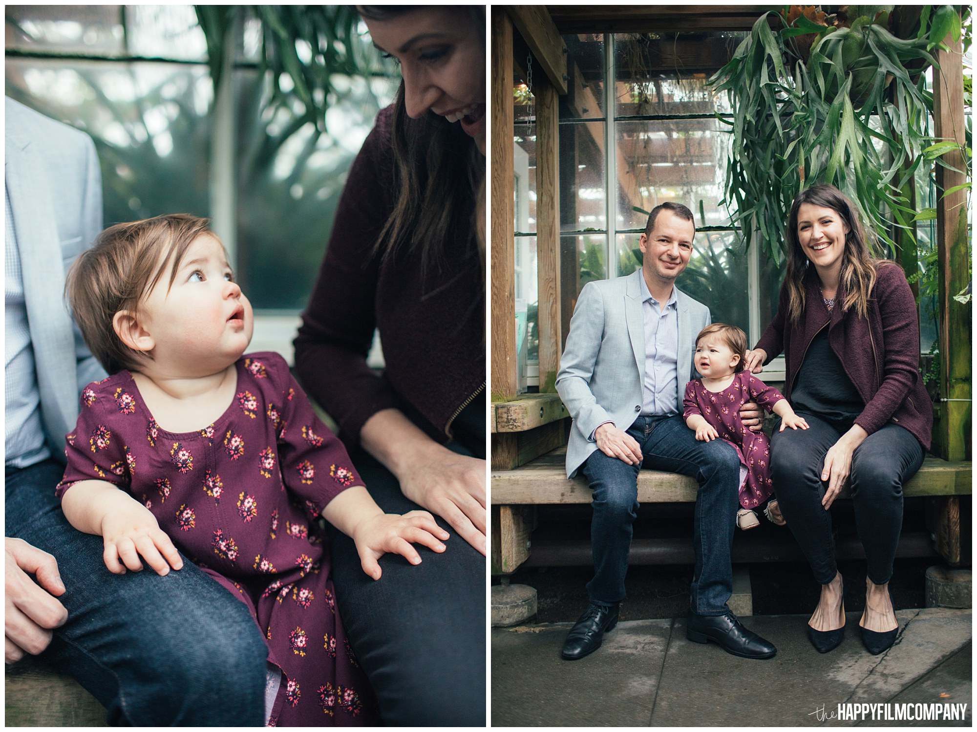 the Happy Film Company - Seattle Family Photos - Volunteer Park Conservatory - sitting on bench in greenhouse