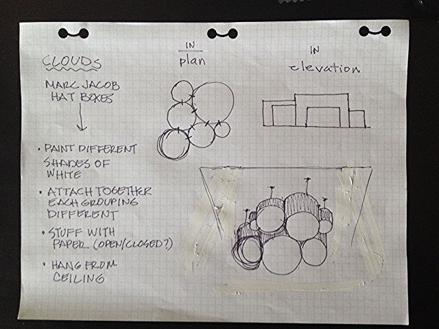 The strategy is to affix these round boxes (a donation from designer Marc Jacobs), stuffed with 'cloud' material. They will be affixed to the ceiling. They will absorb much of the sound in the room, having a quieting effect. We're talking to the Department of Education to get the OK to do this.