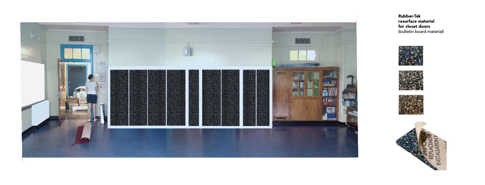 This is a rough mock up of how sound absorbent Rubber Tak would be installed on the hard wood closet doors in Room 220 and create a large display space for students work.