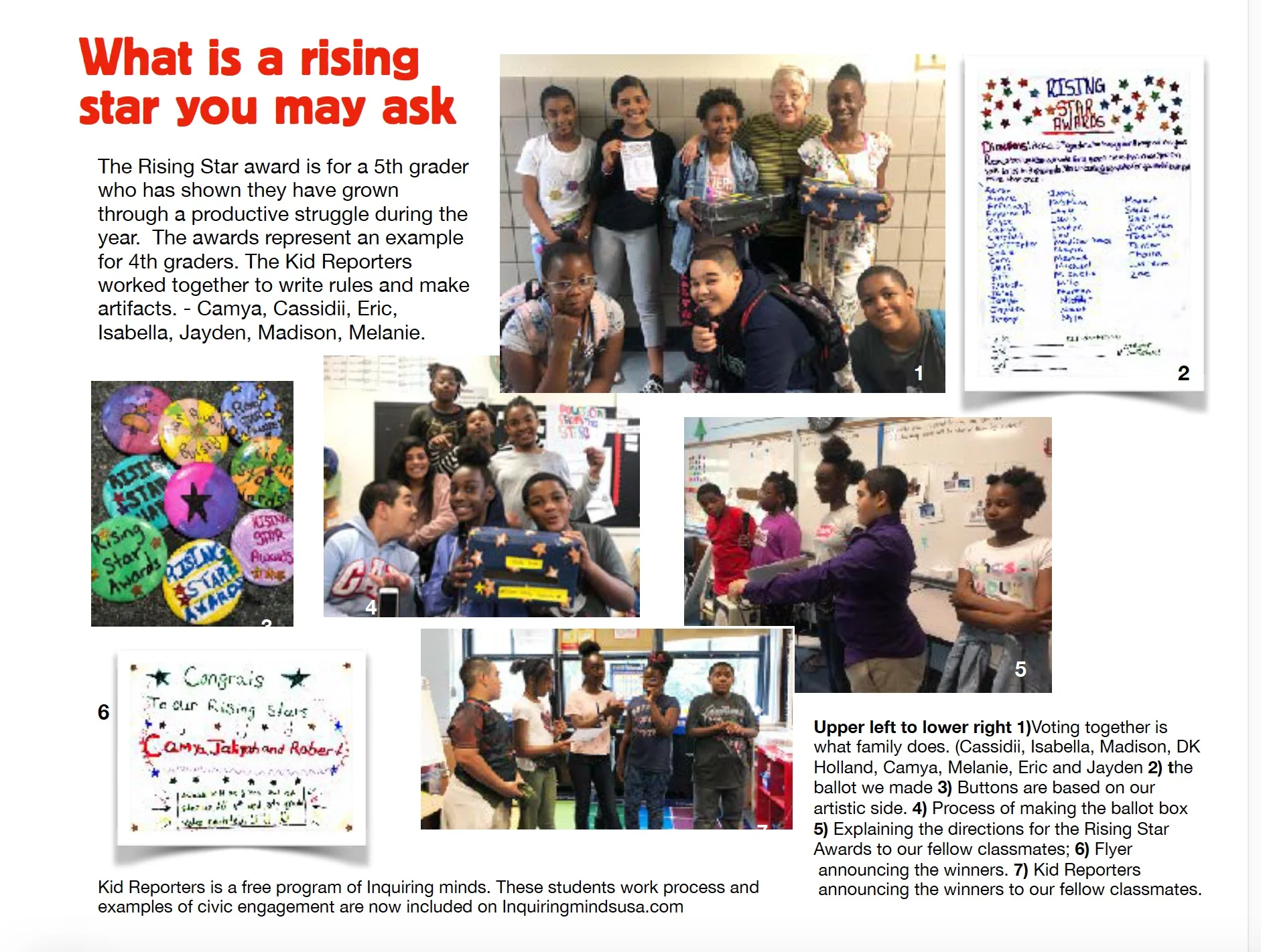 The students wrote and edited this one page article which (layout by Inquiring Minds) was printed by the PTA and distributed to all 4th and 5th graders as well as adults who attended graduation.