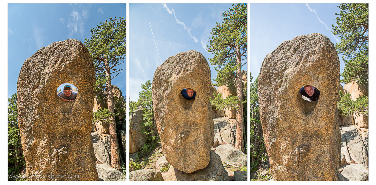 This large boulder is located about a mile or so up the trail. The boys took turns climbing up to peek through the hole in the rock.
