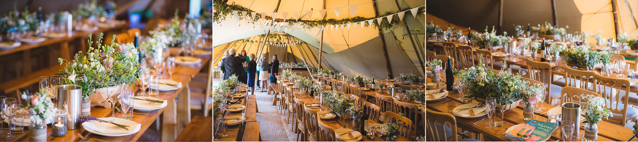 rustic wedding tables with wildflowers
