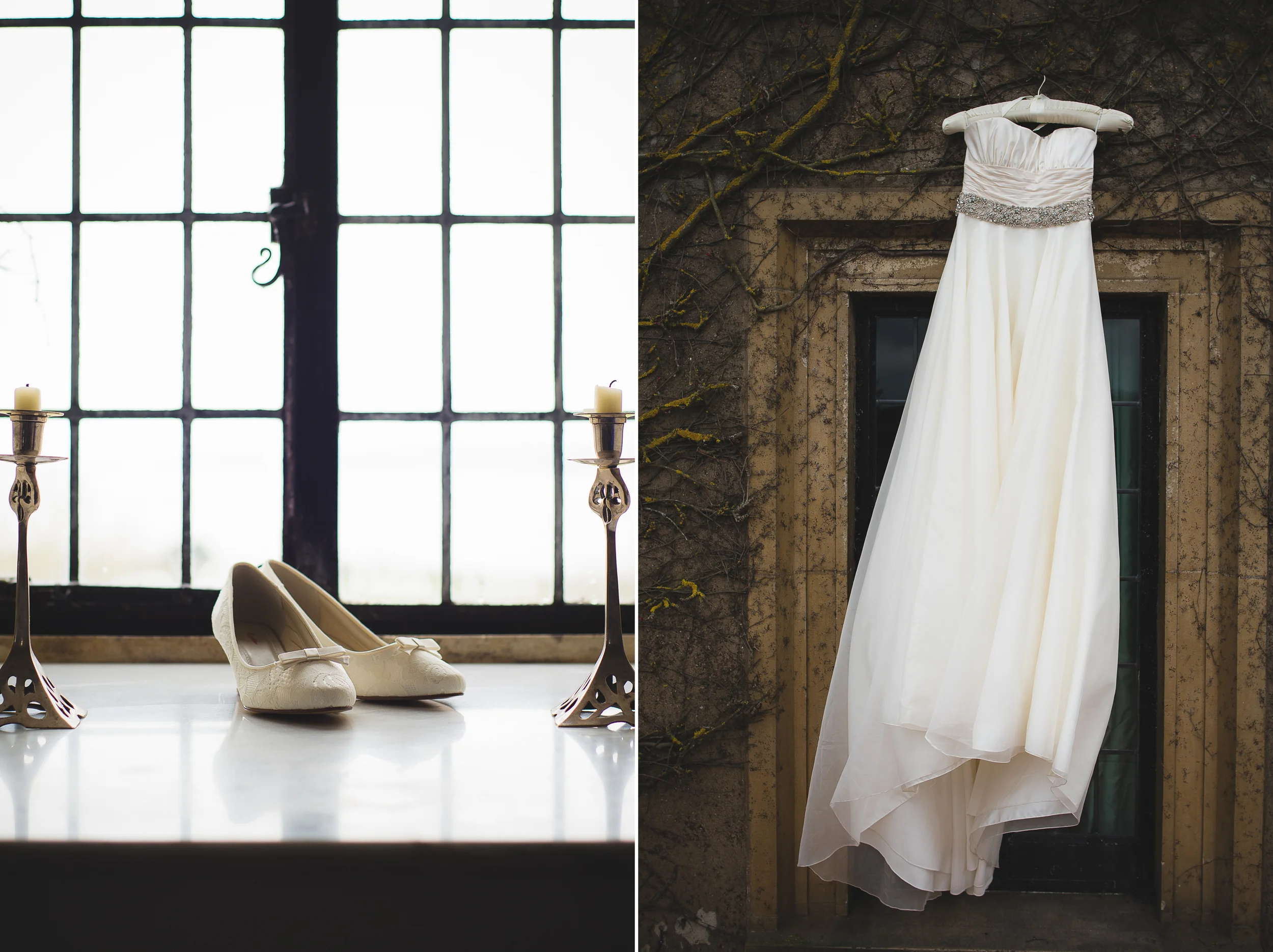 wedding details of wedding shoes and dress hanging outside