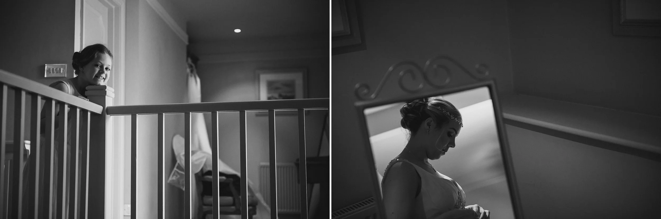black and white documentary picture of bride and niece getting ready