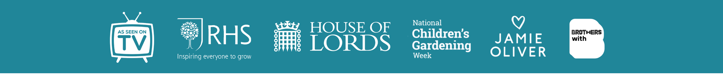 Collection of logos and symbols for TV shows, organizations, and events including TV, RHS, House of Lords, National Children's Gardening Week, Jamie Oliver, and Brothers with