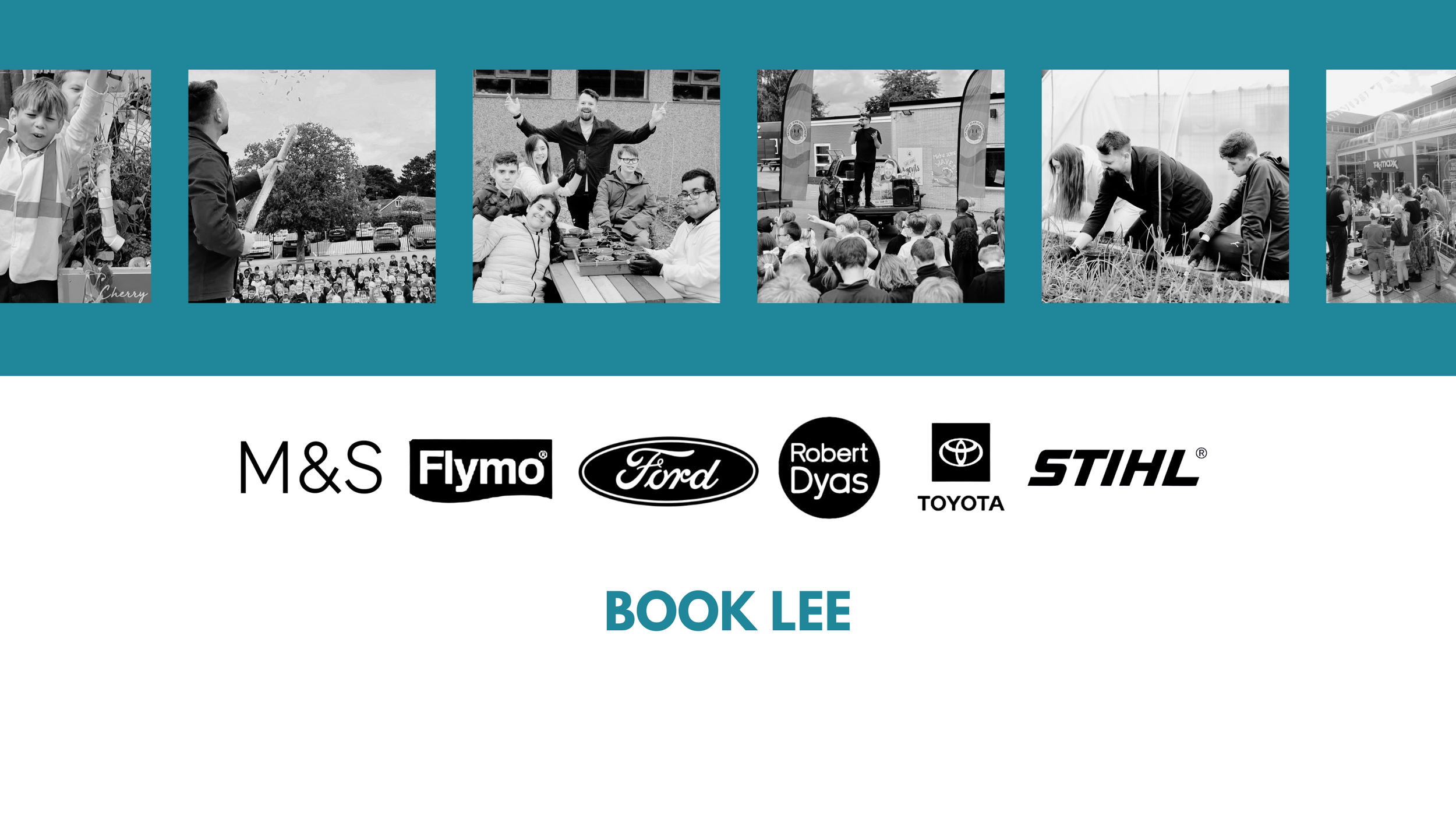 A collage of six black and white photos showing children and adults engaging in outdoor activities such as gardening, attending a school event, and participating in community projects, with sponsor logos and the name "Book Lee" at the bottom.