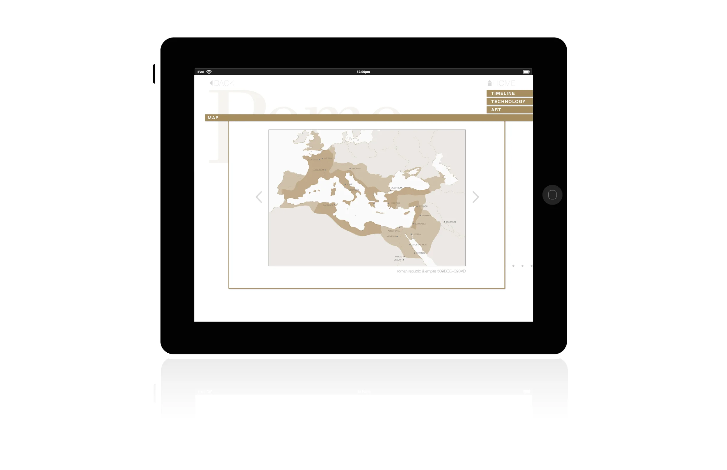 Accessible by the side menu, users can slide through a series of of maps showcasing the civilization's growth and decline. 