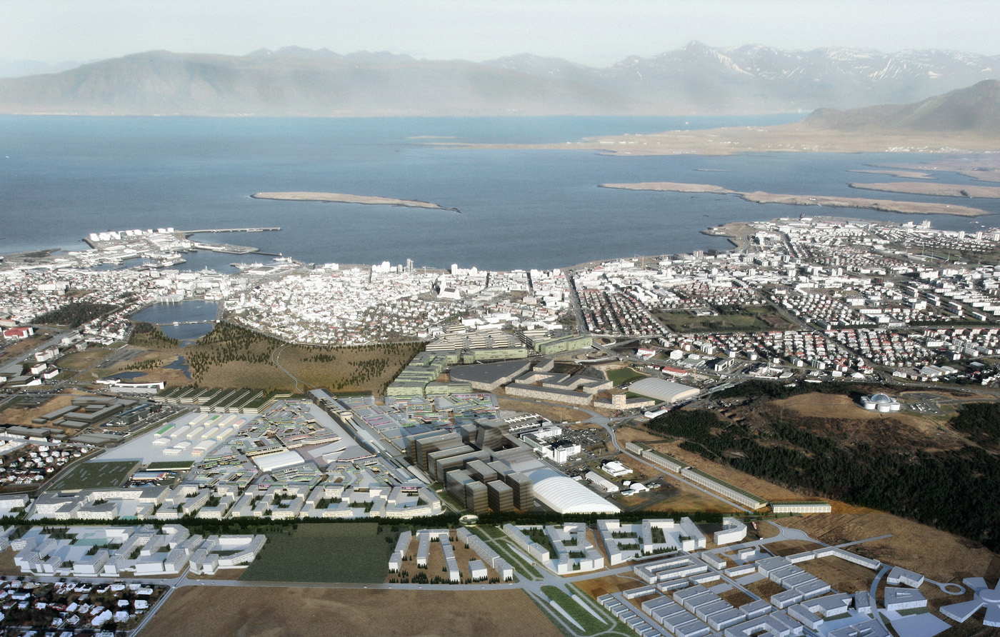  Overview of Vatnsmýri with downtown Reykjavík &nbsp; &nbsp; &nbsp;(image: Studio AMD) 