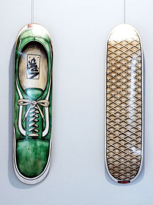   Two new exhibits at Park Place Arts. This is "Old School Walk" and "Old School Waffle" by Jeremy Selzer using mixed media on skateboard decks.  
