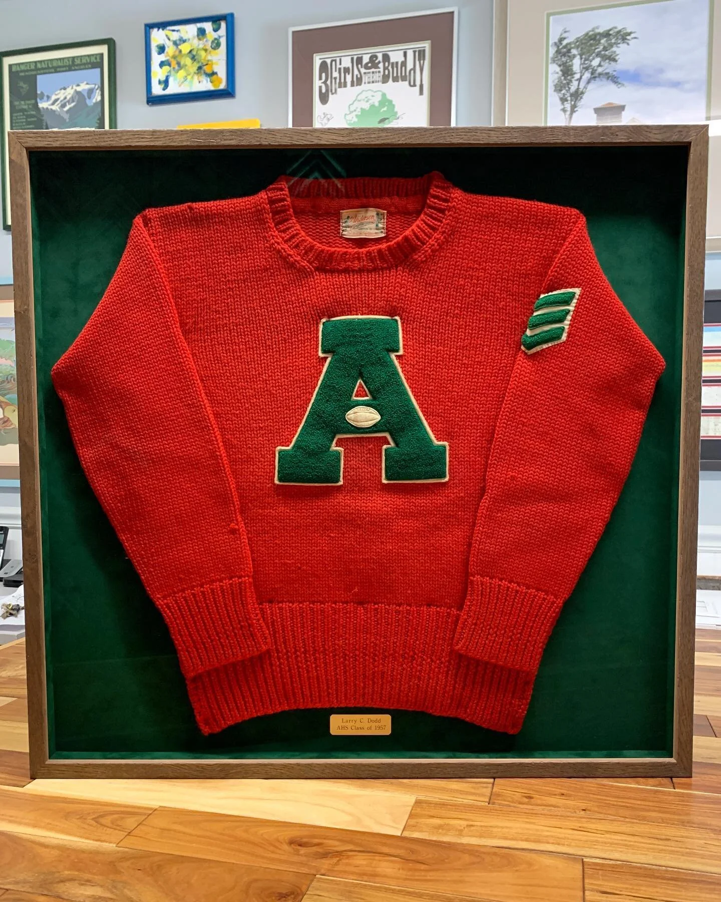 1957 Anderson High School letterman sweater.
Italian veneer shadow box with suede mat and museum glass. 

#parkplacearts #customframing #museumglass #andersonhighschool #indiana #letterman #sweater #1950s